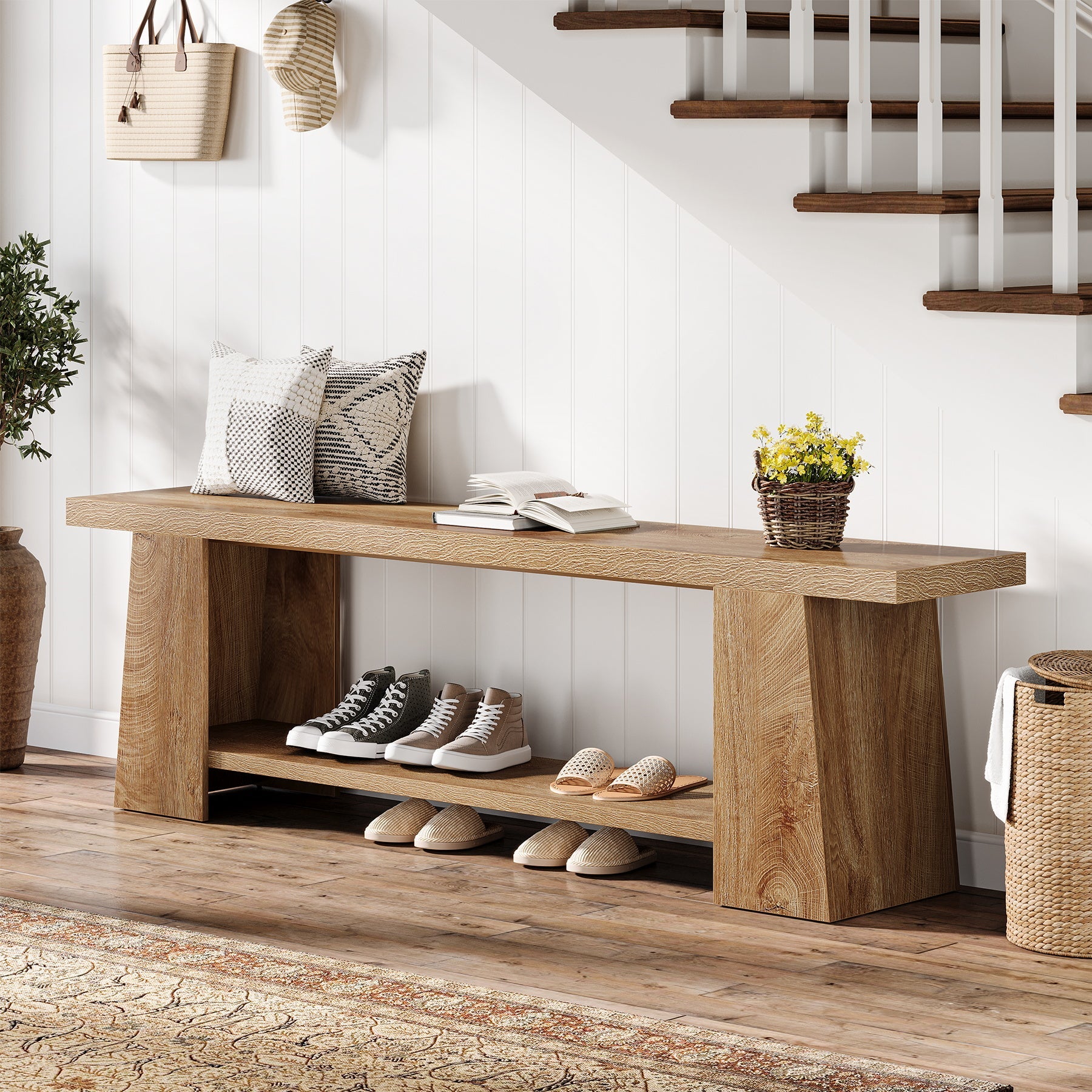 59" 2-Tier Entryway Bench, Shoe Bench End of Bed Bench with Storage Shelves