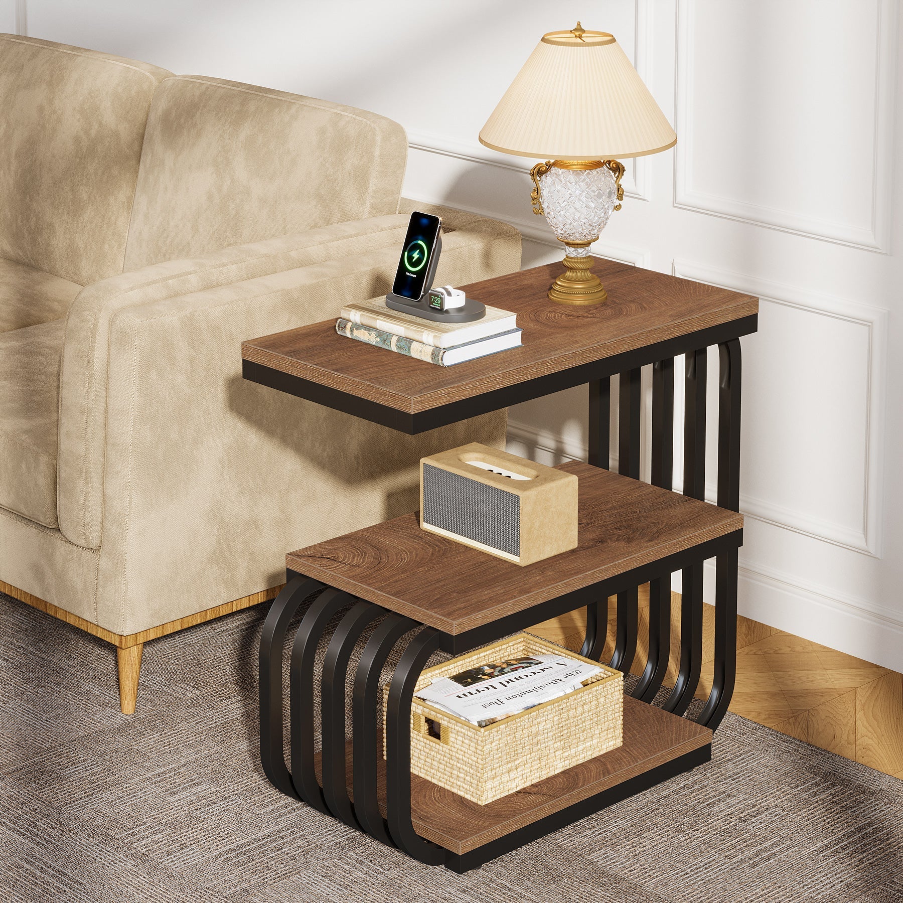 3-Tier Narrow End Table, C-Shaped Side Table for Living Room