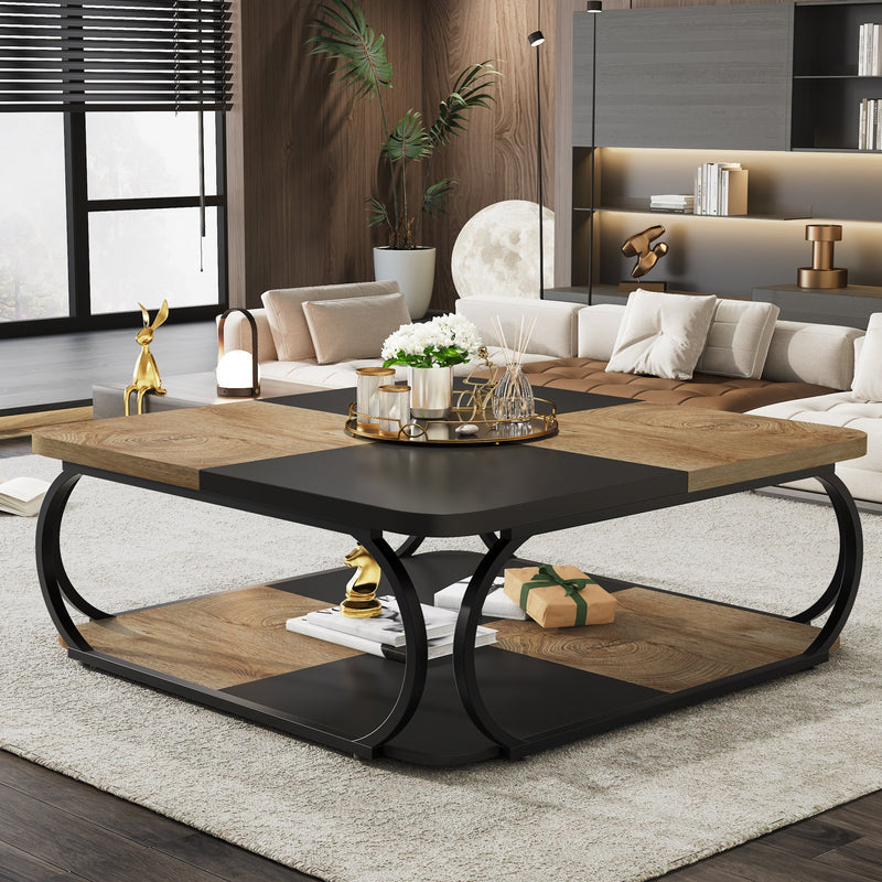 100cm Square Coffee Table , Modern Central Cocktail Table with 2-Tier Storage for Living Room
