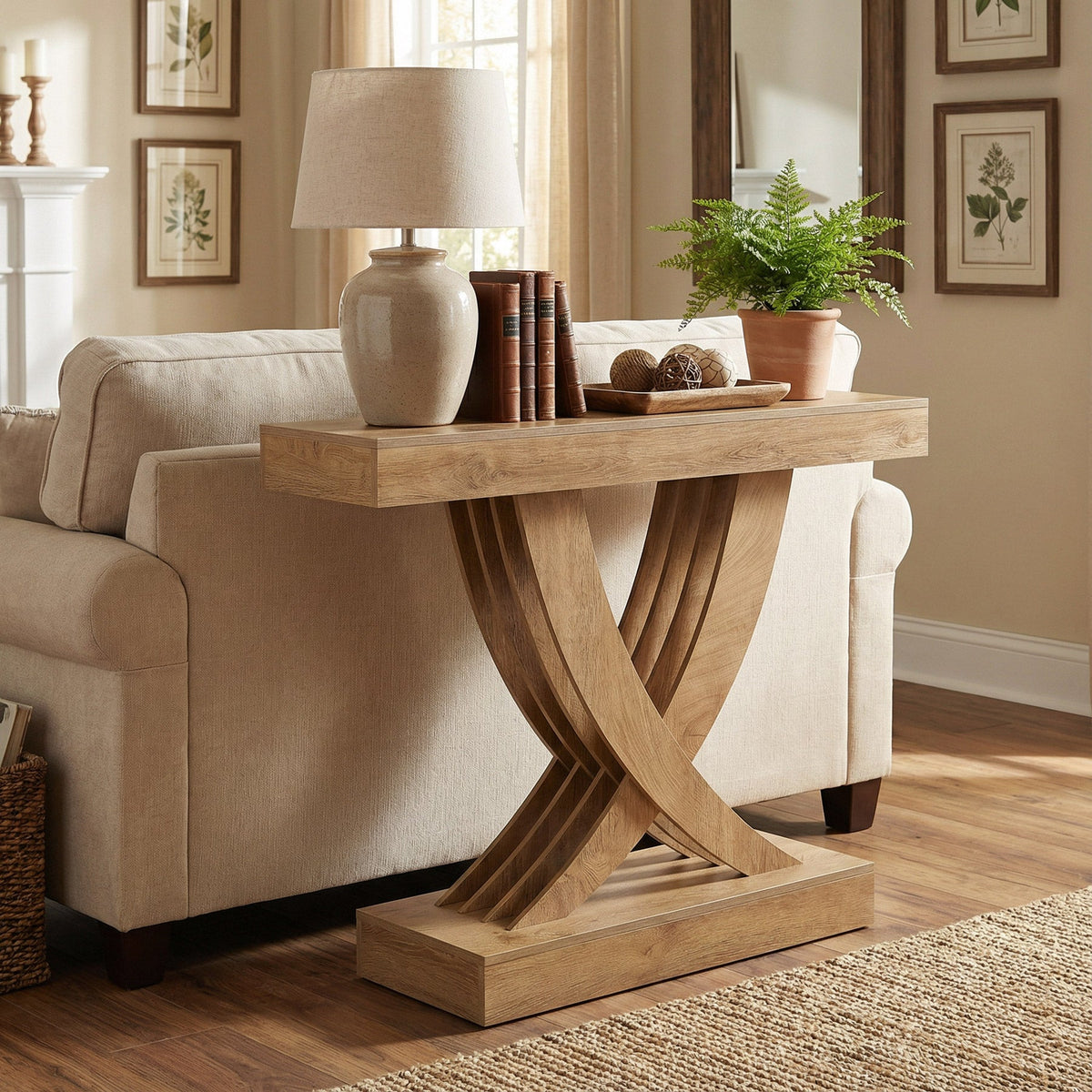 110cm Farmhouse Entryway Console Table, Wooden Sofa Table with X-Frame