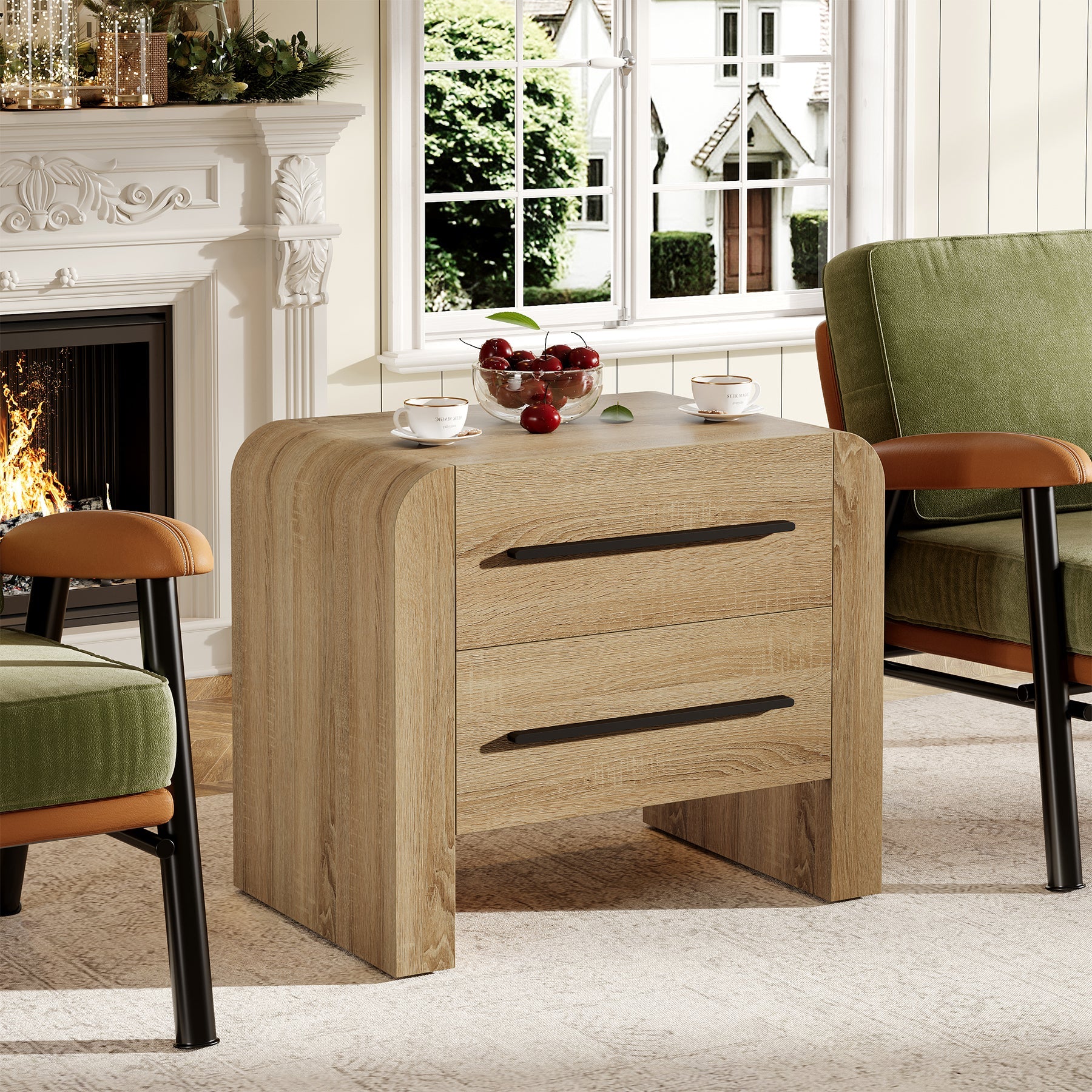 27.55" Nightstand with 2 Drawers, Modern Curved Bedside Table with Storage