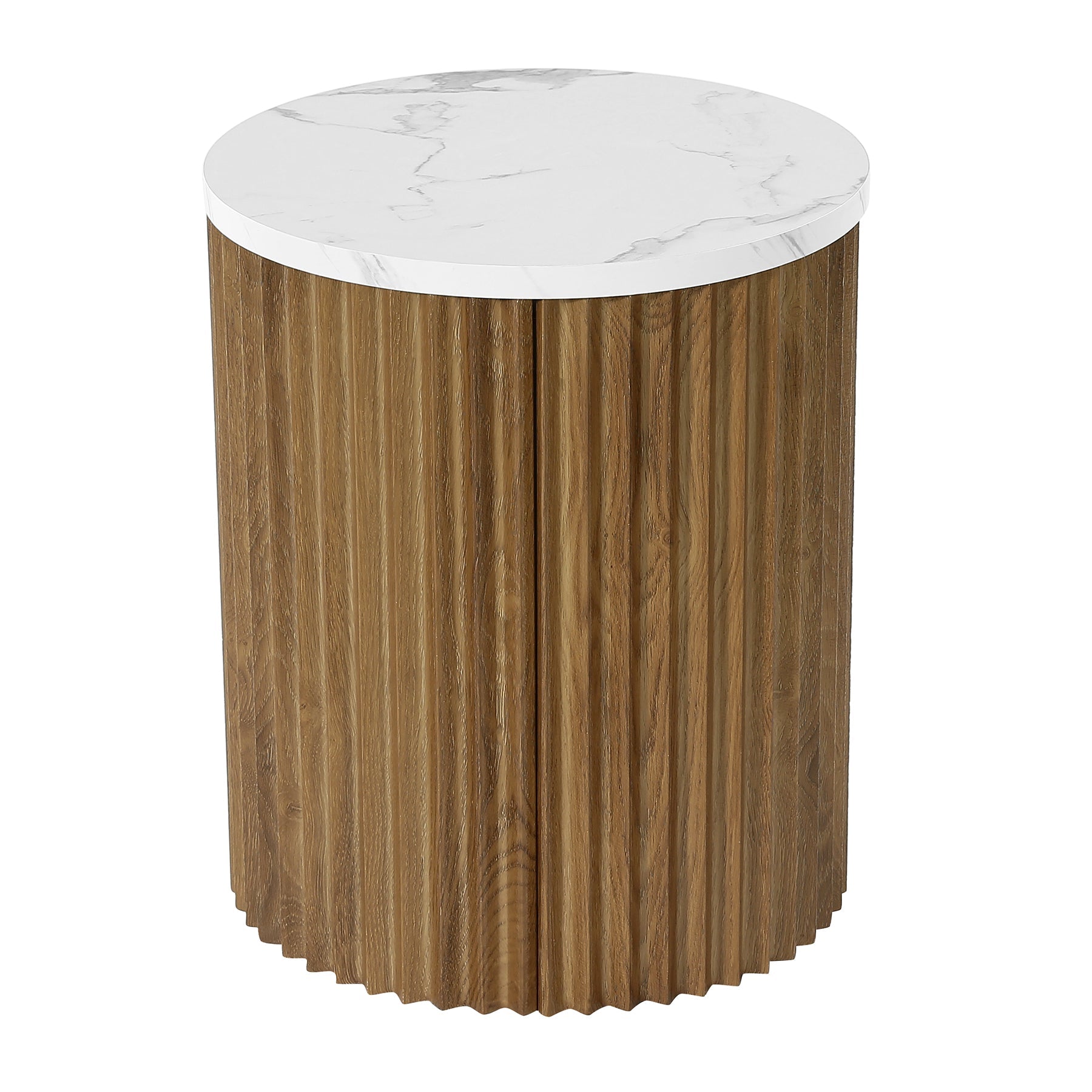 23.6" Round Nightstand, Bedside Table with Faux Marble Tabletop & Fluted Base