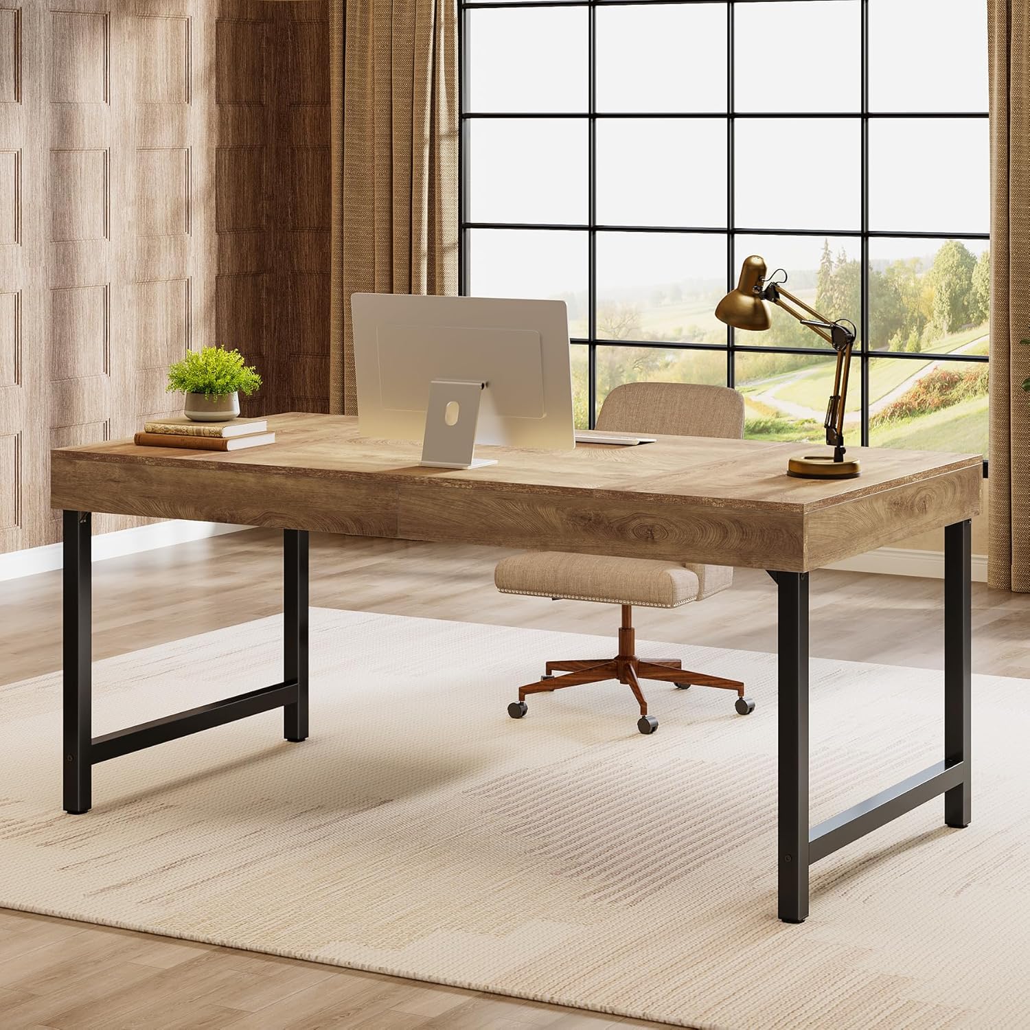 55" Industrial Executive Desk, Rustic Office Desk with Metal Legs, Study & Conference Workstation
