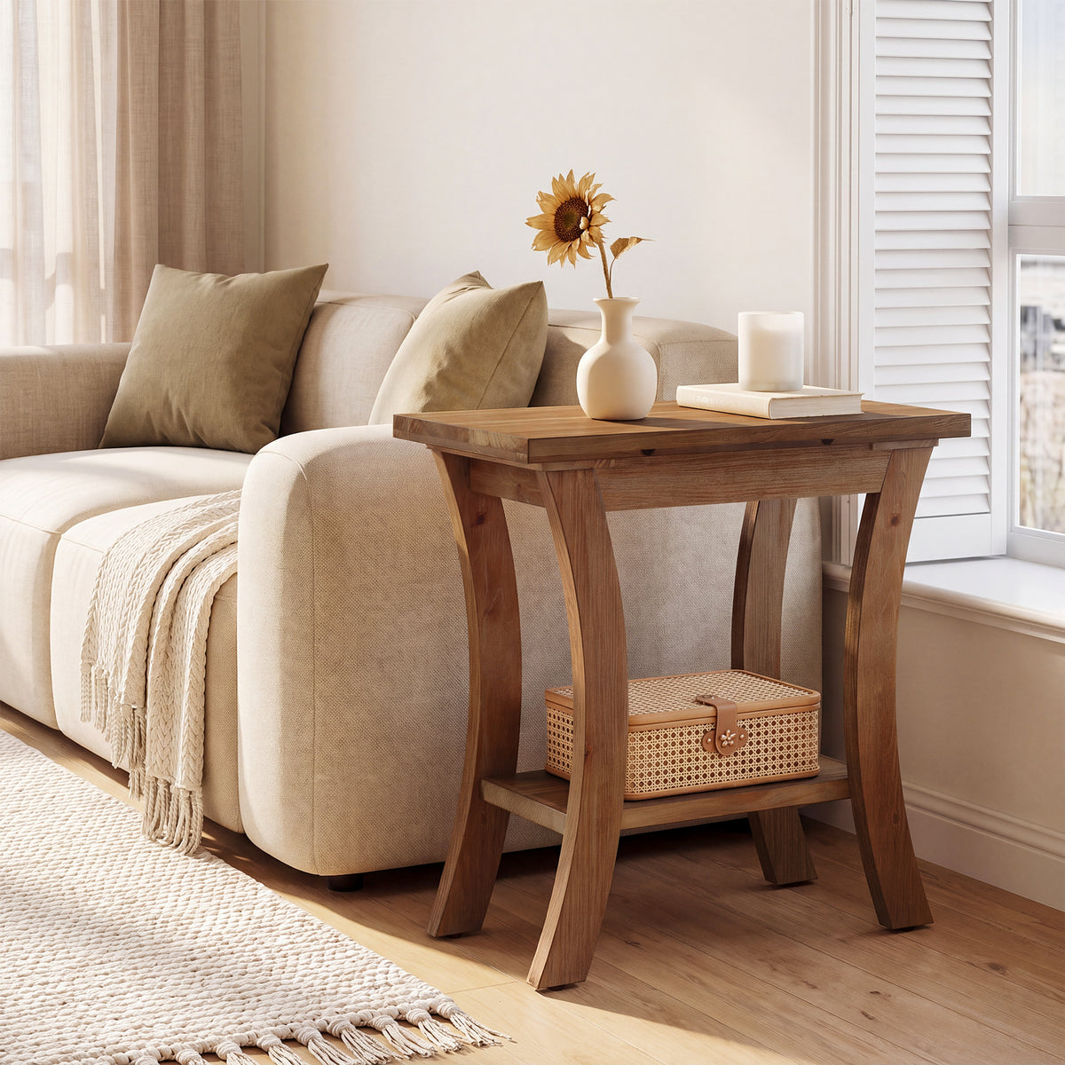 60cm Side Table, Solid Wood Farmhouse End Table with Lower Shelf