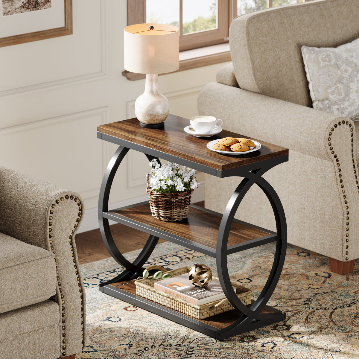 60cm Narrow Side Table, 3-Tier Industrial Wooden Nightstand for Small Spaces