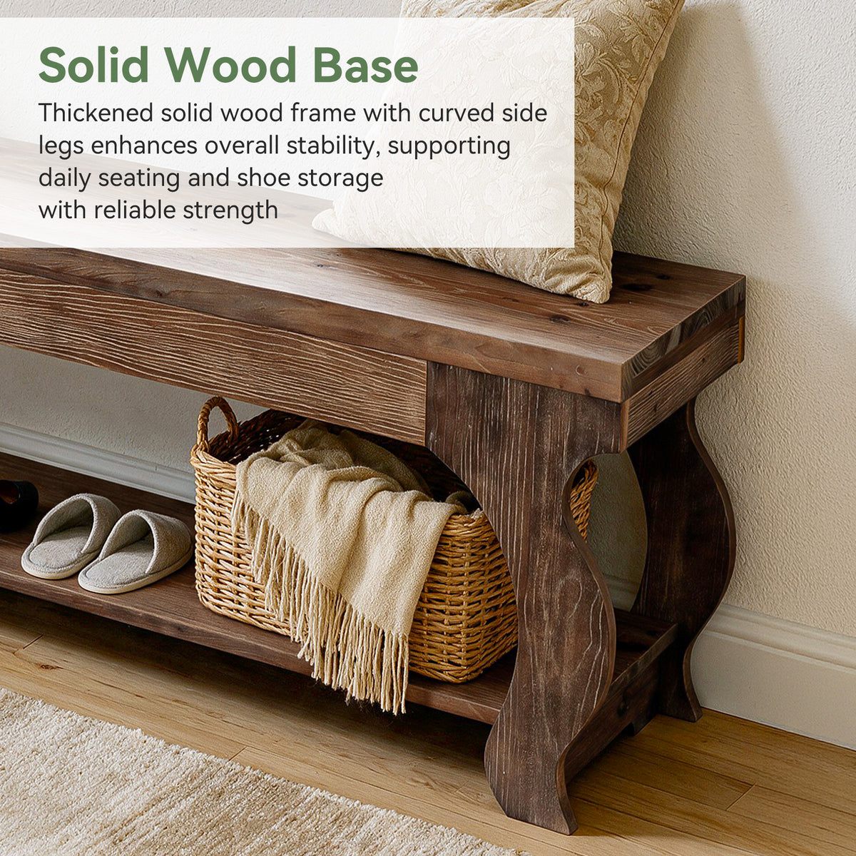140cm Entryway Bench, Solid Wood 2-Tier Farmhouse Storage Shelf