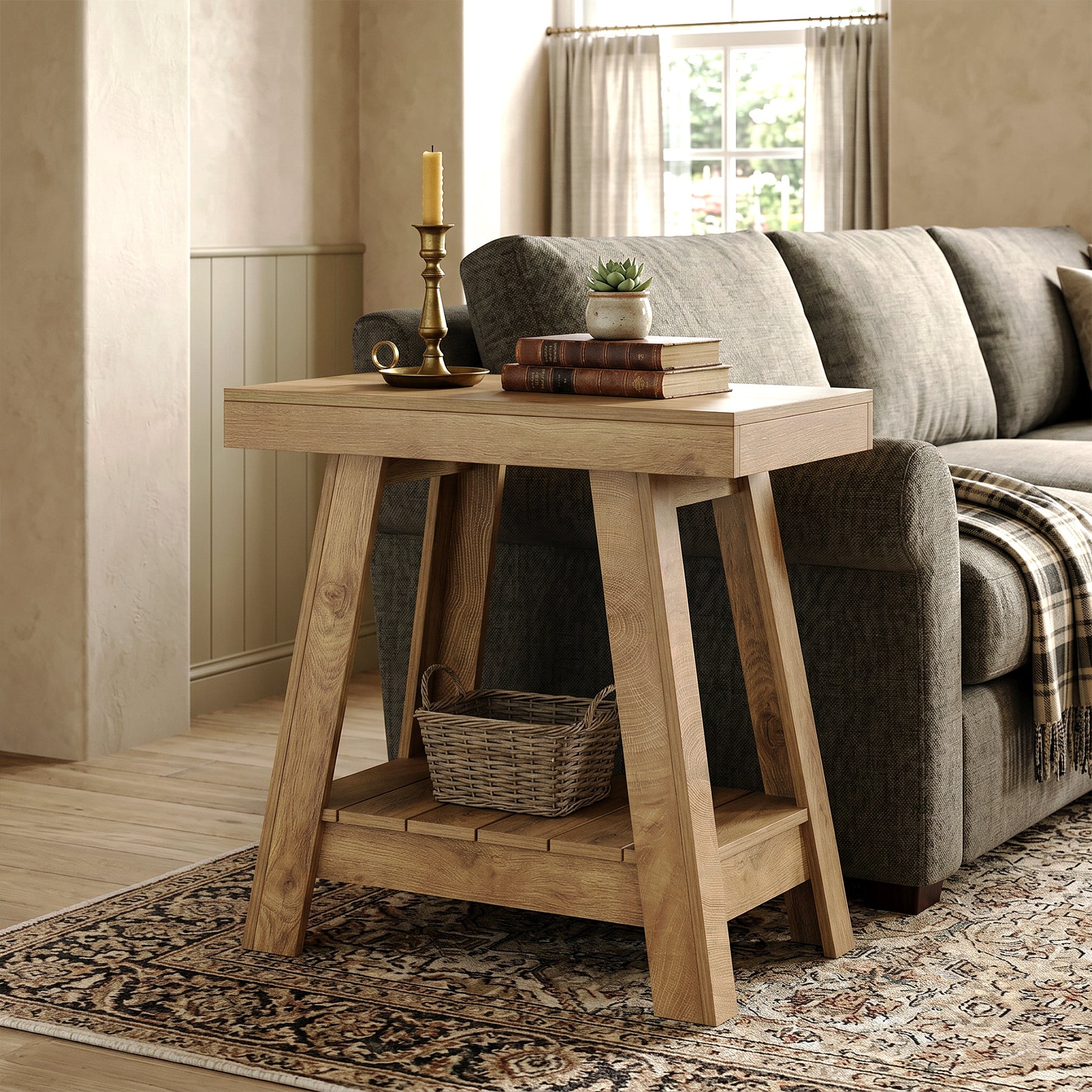 2-Tier End Table, Slim Sofa Side Table with Storage
