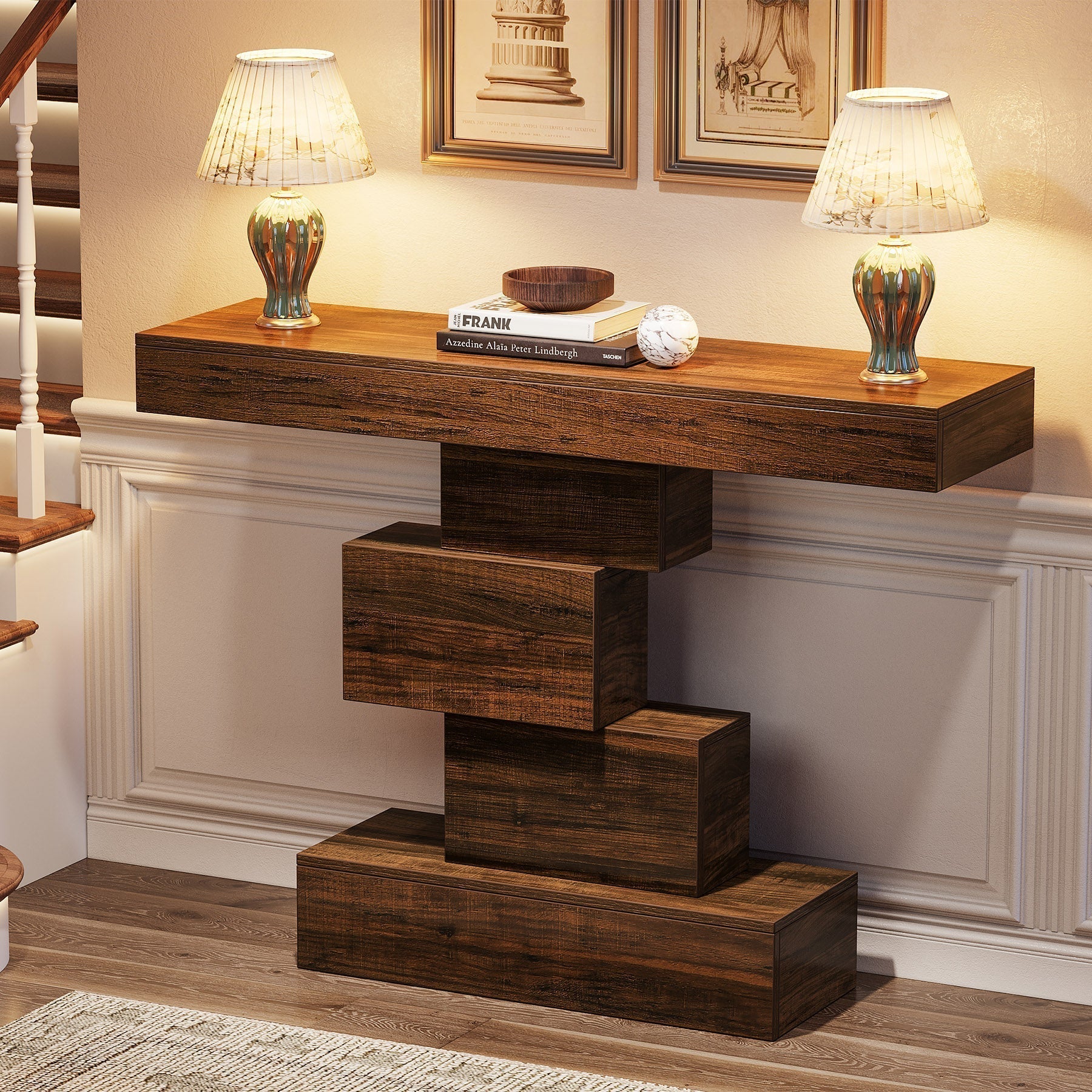 42" Console Table, Wood Sofa Table Accent Table with Geometric Base