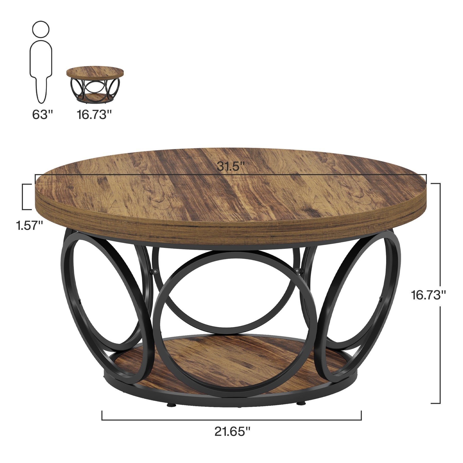 Farmhouse Coffee Table, Round Center Table with 2 Storage Shelves