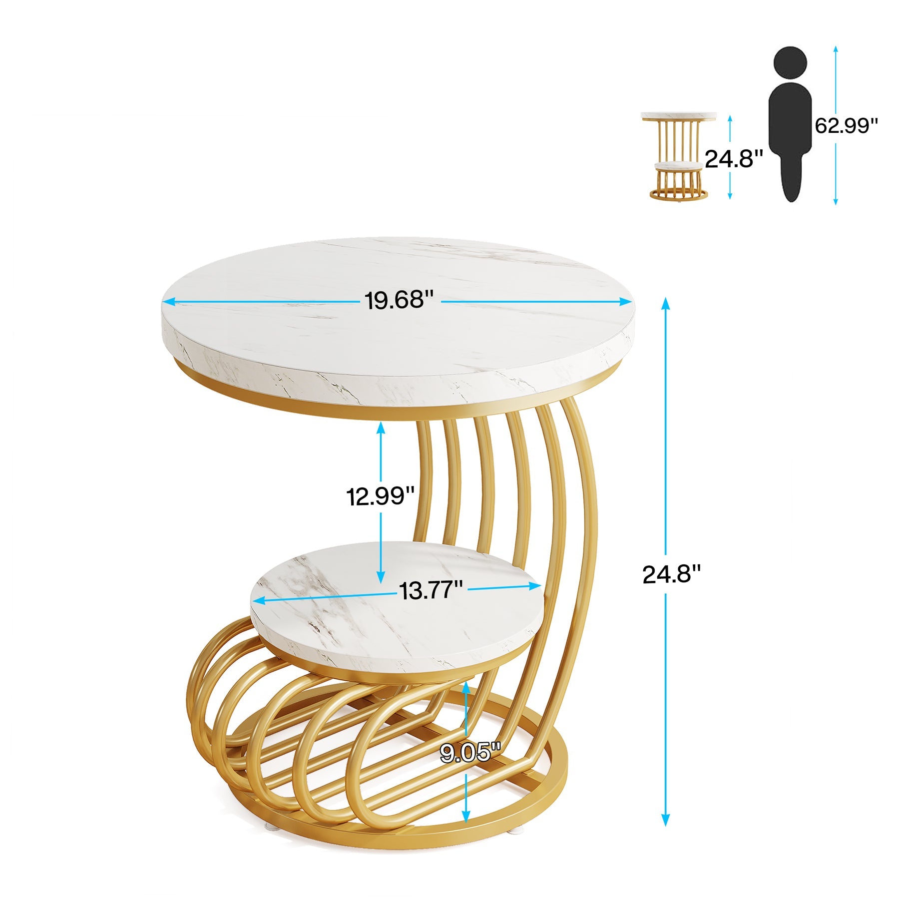 Round End Table, 2 Tiers Faux Marble Side Table with Storage Shelf Tribesigns