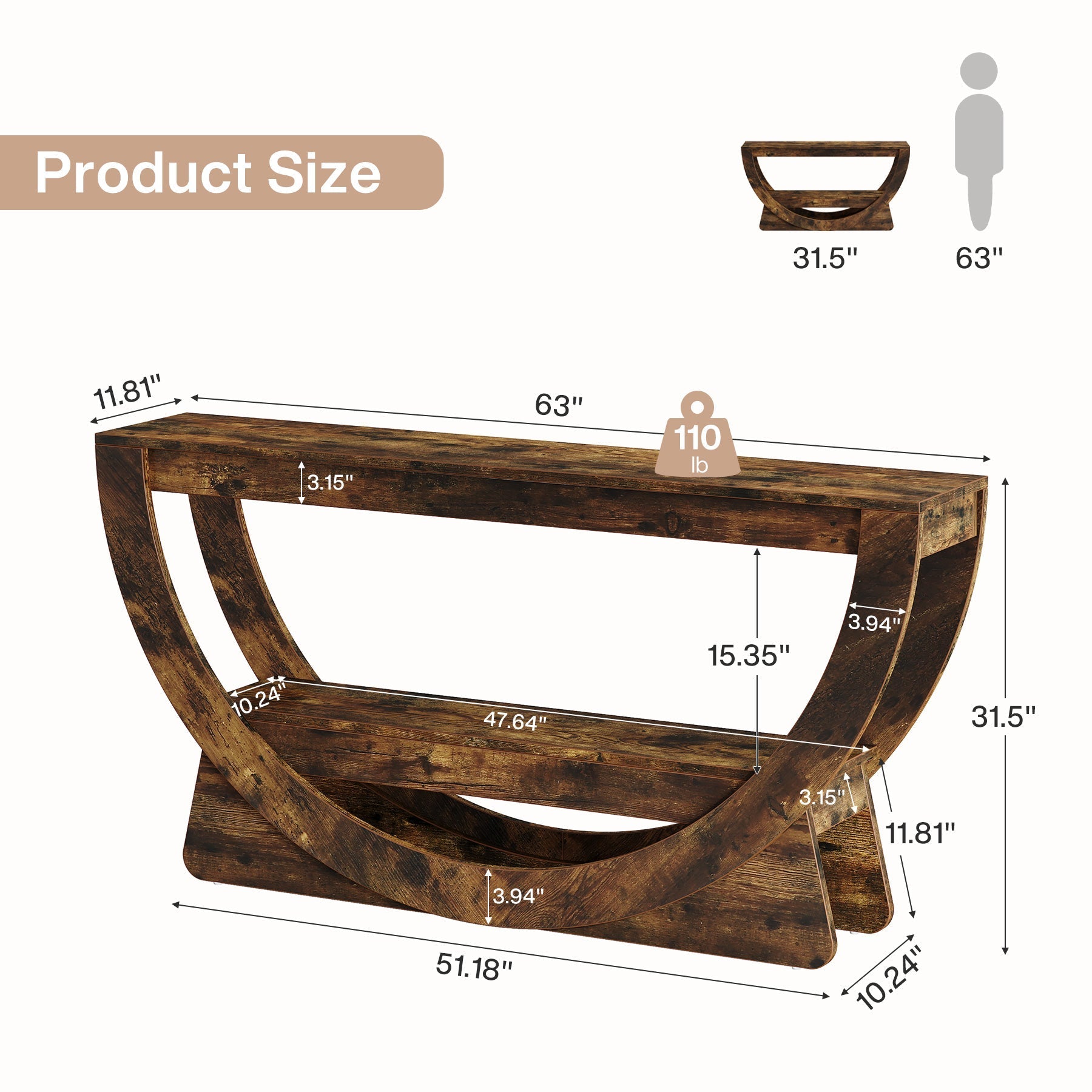63" Farmhouse TV Stand with Arched Shelf, Dark Brown Media Console for TVs Up to 75"