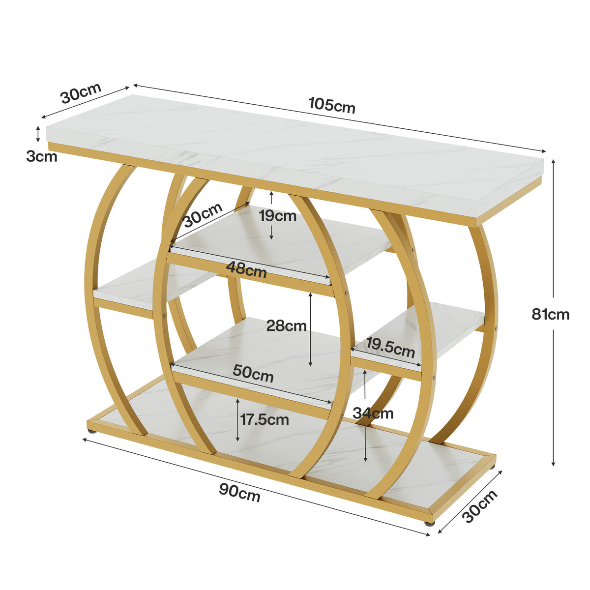 105cm Console Table, Narrow 5-Tier Entryway Table with Faux Marble Top & Arched Metal Frame
