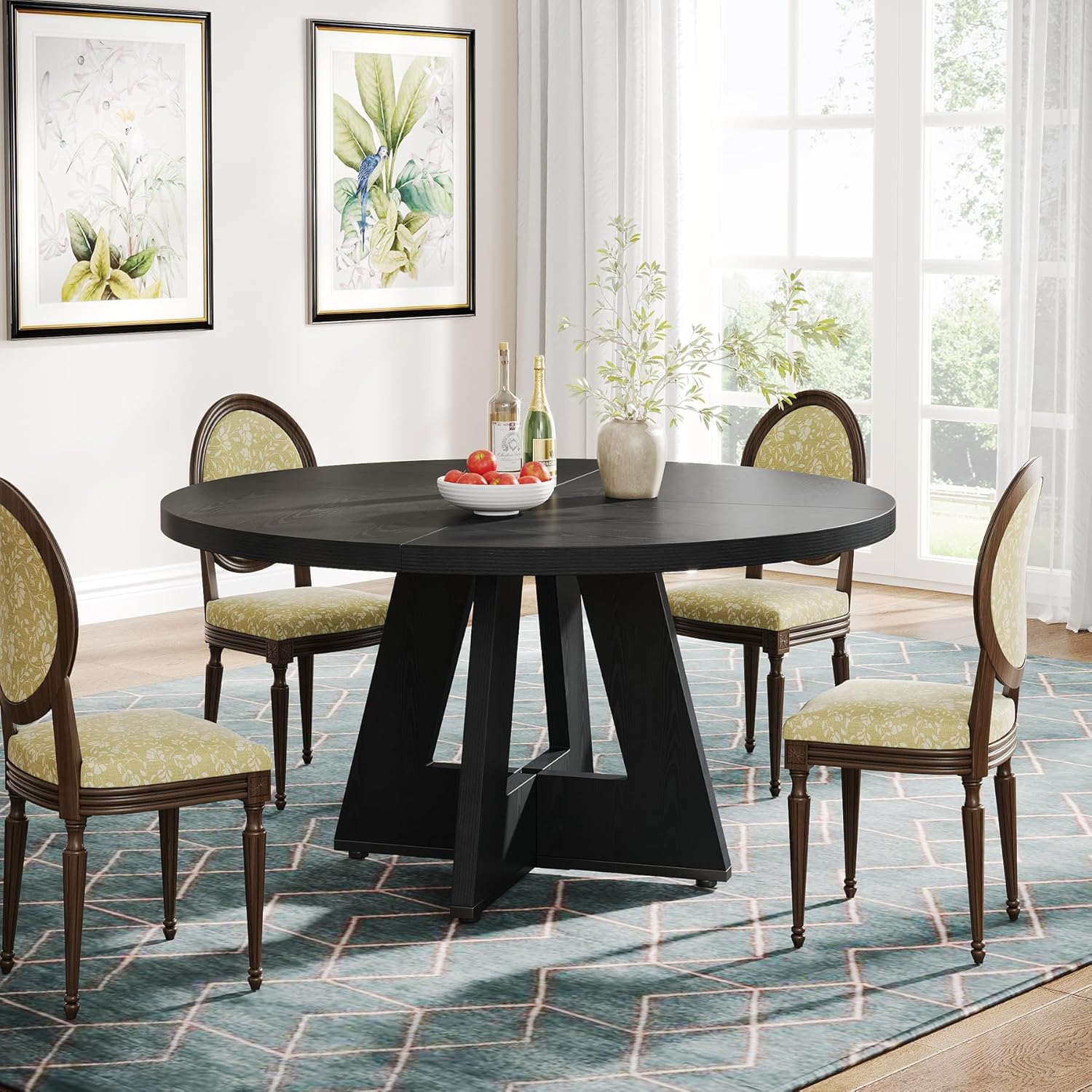47" Round Dining Table, Farmhouse Wood Kitchen Table for 4-6 with Cross Base