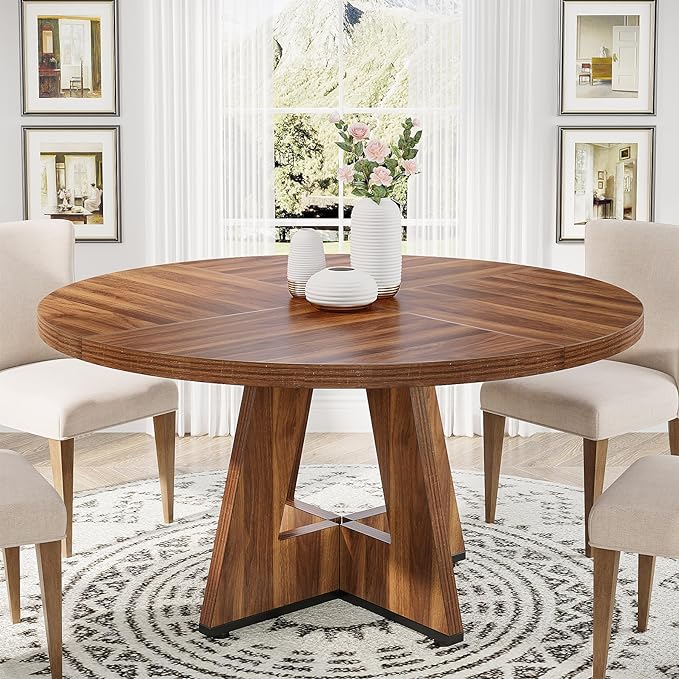 47" Round Dining Table, Farmhouse Wood Kitchen Table for 4-6 with Cross Base