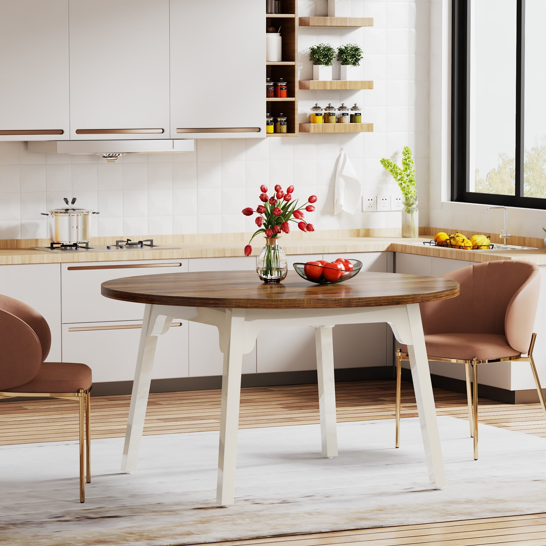 47-inch Dining Table, Round Farmhouse Kitchen Table for 4-6 Tribesigns