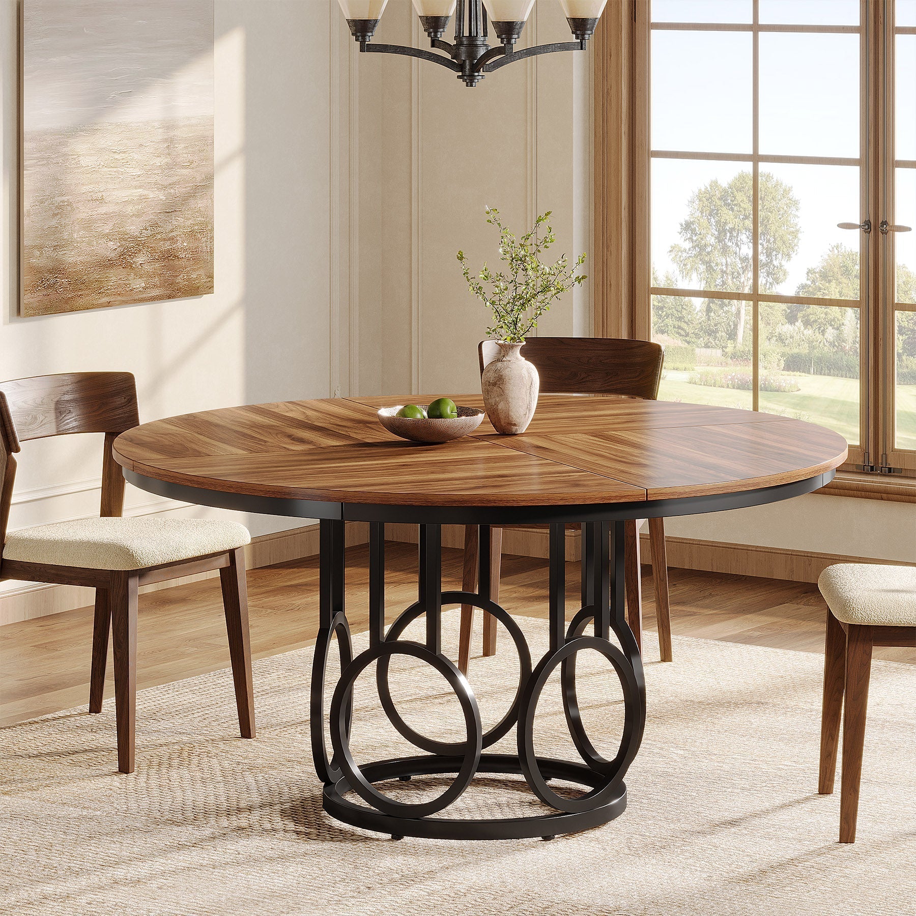 47" Wood Dining Table, Round Kitchen Table for 4-6 People