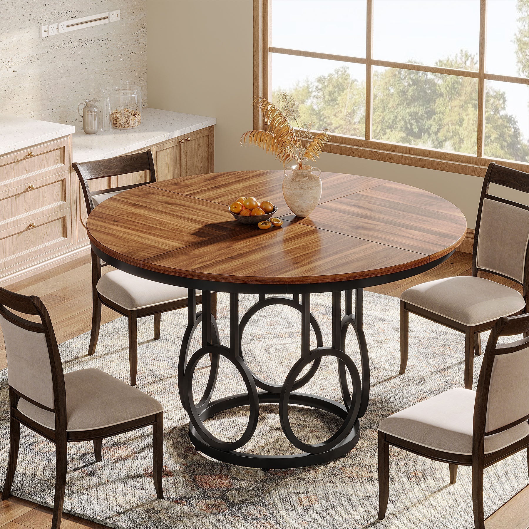 47" Wood Dining Table, Round Kitchen Table for 4-6 People