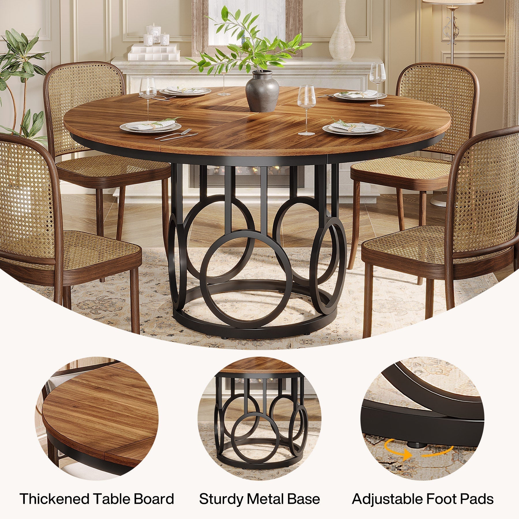 47" Wood Dining Table, Round Kitchen Table for 4-6 People