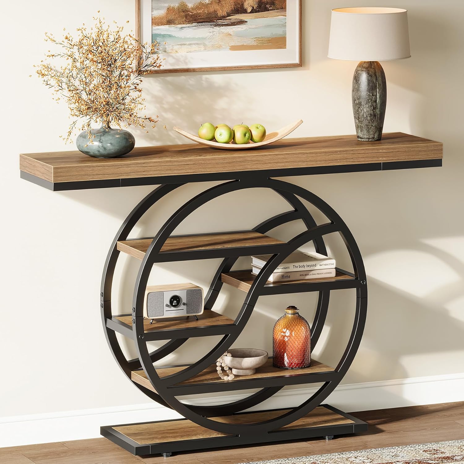 47" Industrial Console Table, 6-Tier Entryway Shelf, Metal Frame