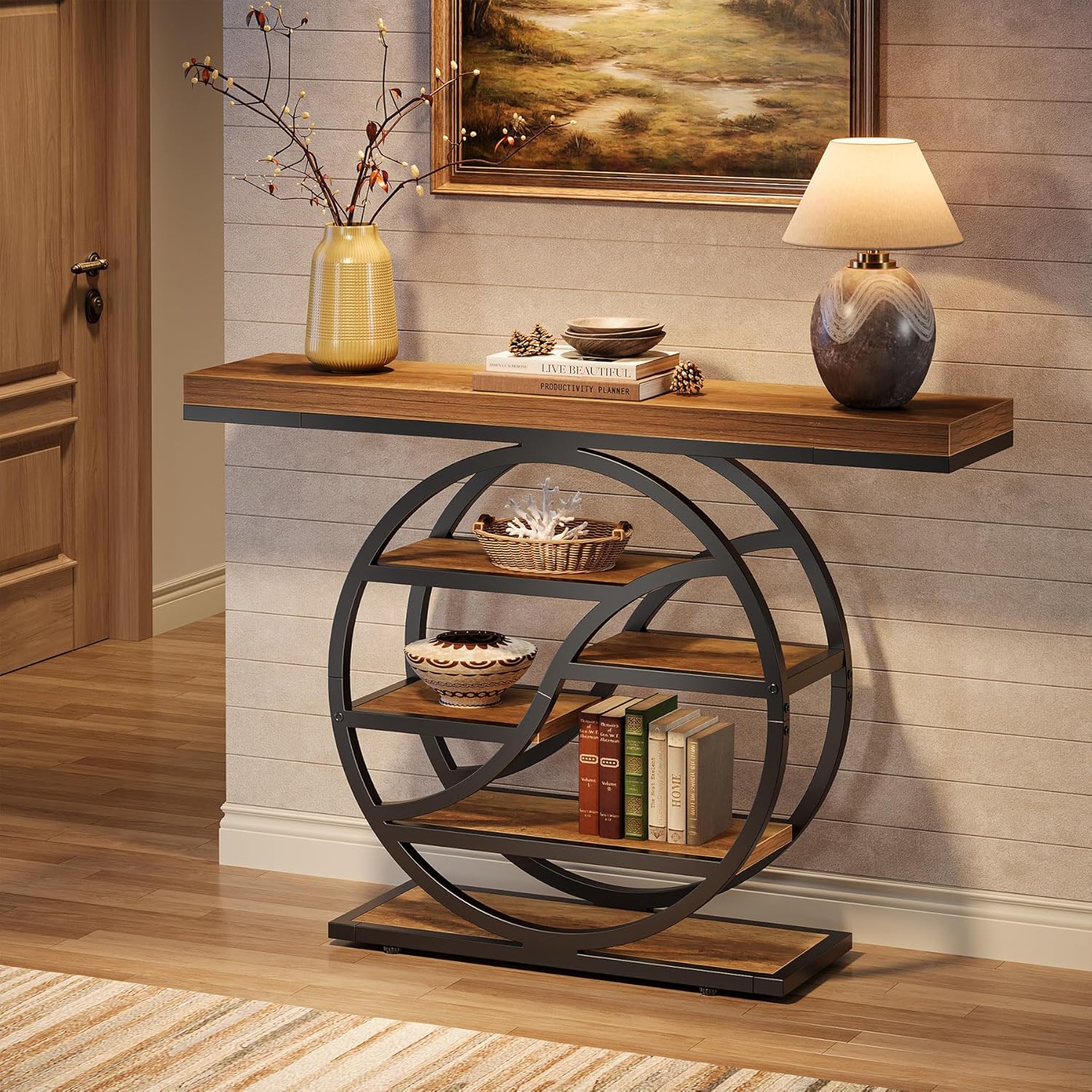 47" Industrial Console Table, 6-Tier Entryway Shelf, Metal Frame