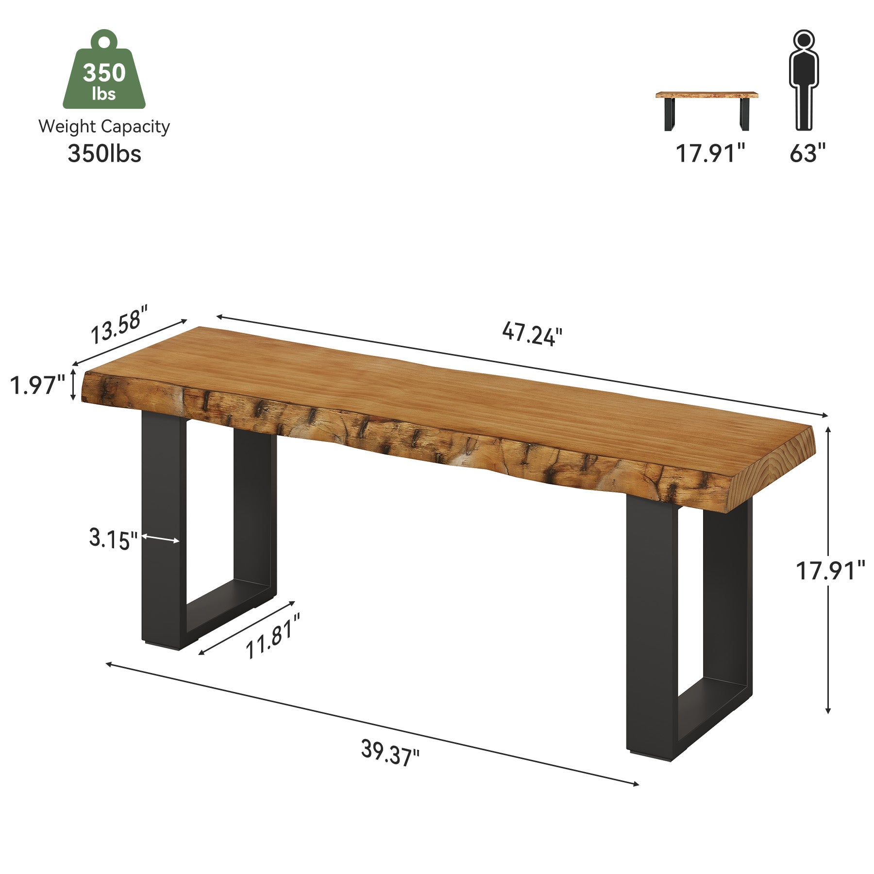 47" Industrial Entryway Bench, Solid Wood Shoe Bench End of Bed Bench