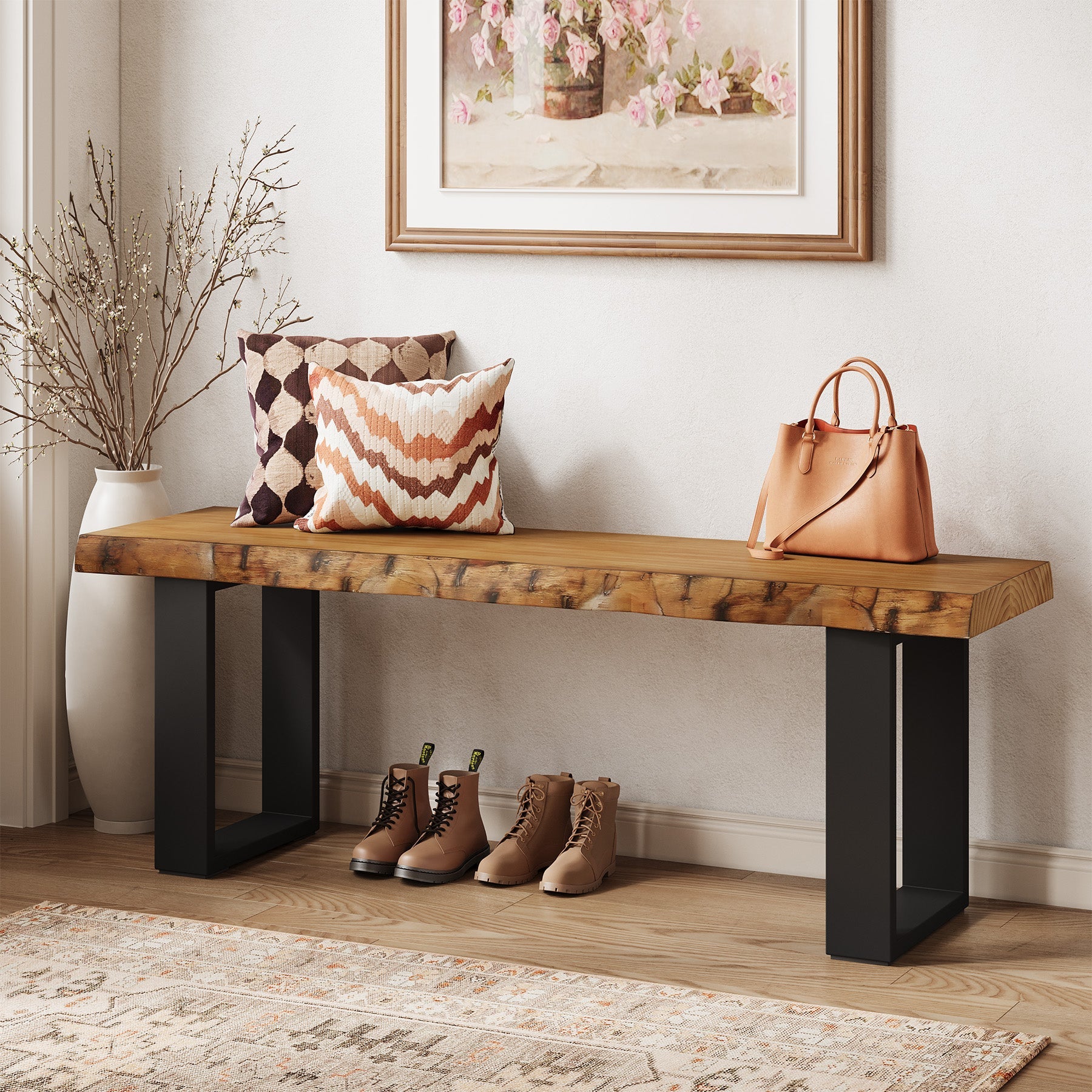 47" Industrial Entryway Bench, Solid Wood Shoe Bench End of Bed Bench