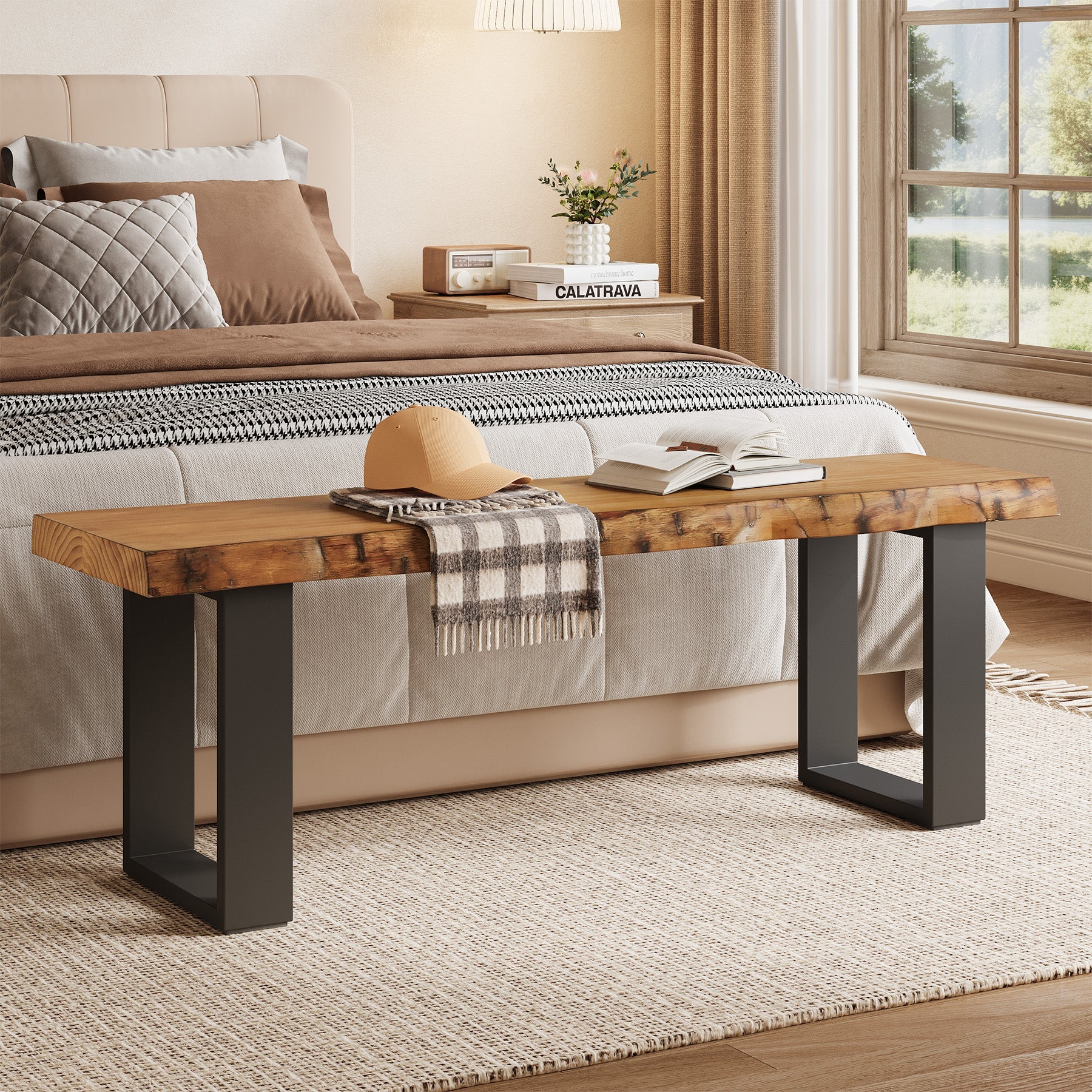 47" Industrial Entryway Bench, Solid Wood Shoe Bench End of Bed Bench