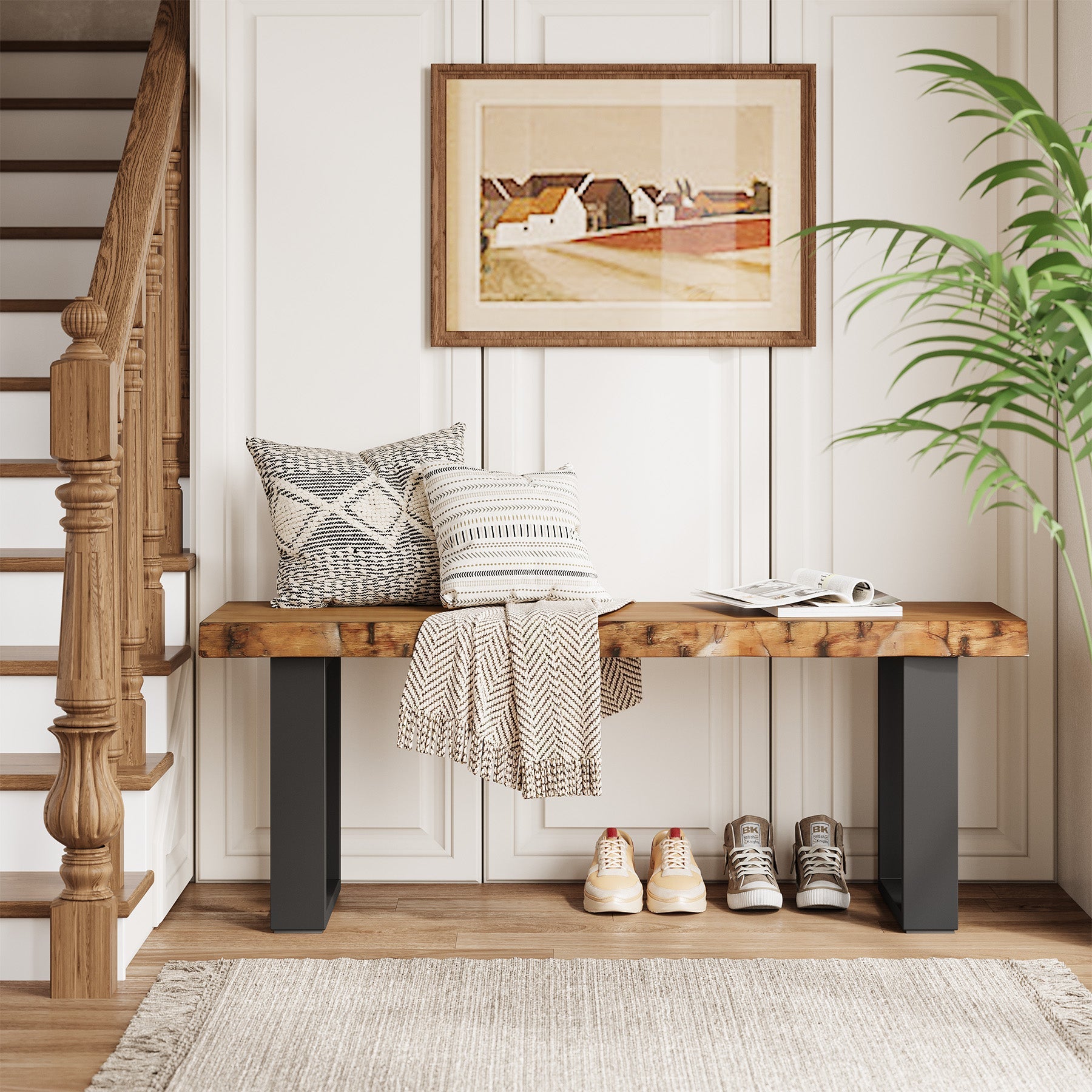 47" Industrial Entryway Bench, Solid Wood Shoe Bench End of Bed Bench