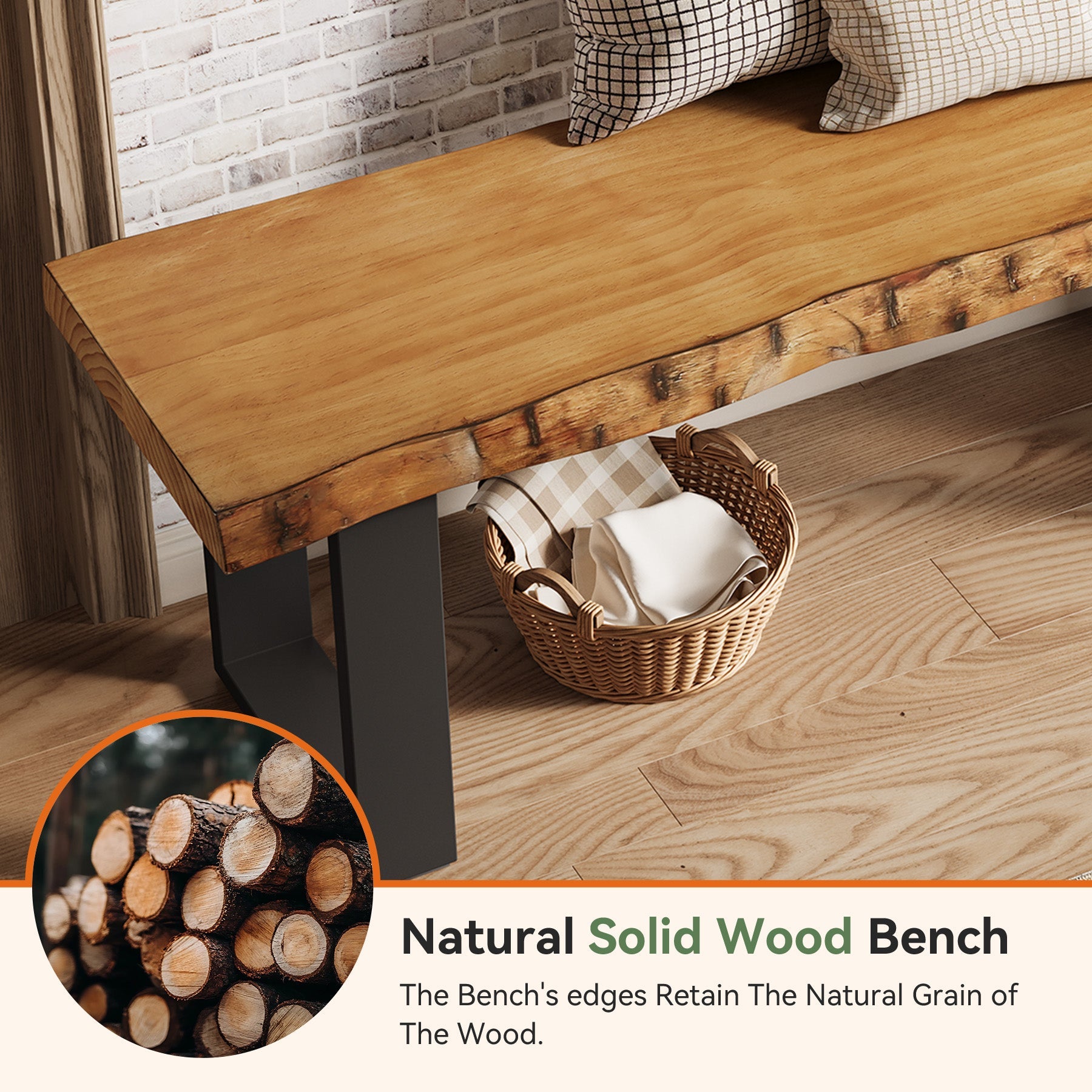 47" Industrial Entryway Bench, Solid Wood Shoe Bench End of Bed Bench