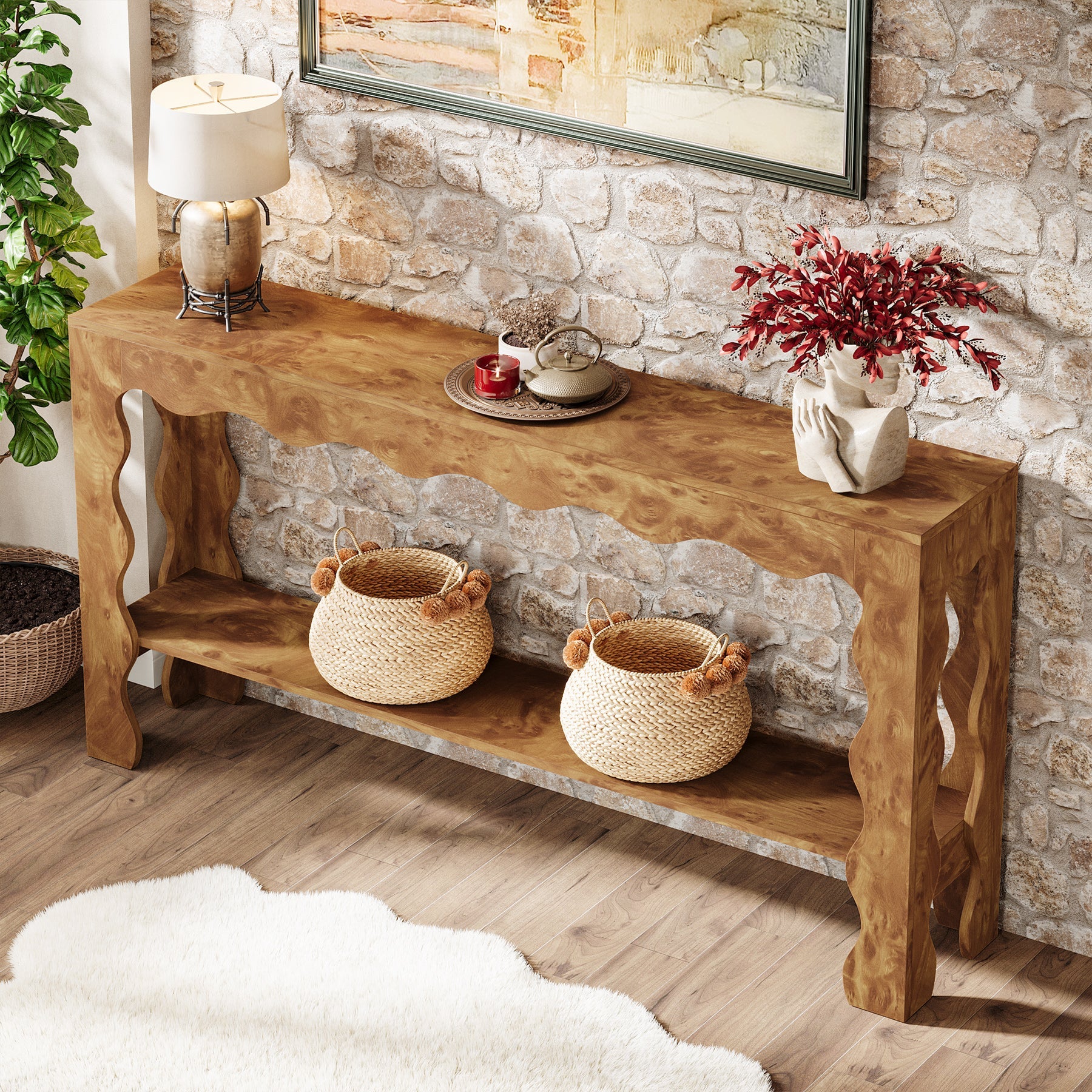 63" Console Table, 2-Tier Narrow Sofa Table with Storage and Scalloped Curves