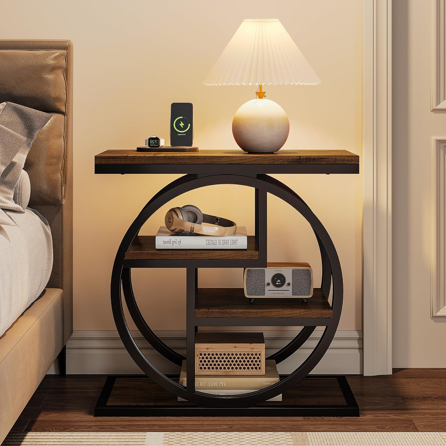 23.6" Industrial 4-Tier End Table - Narrow Wood & Metal Side Table with Storage Shelves, Rustic Brown