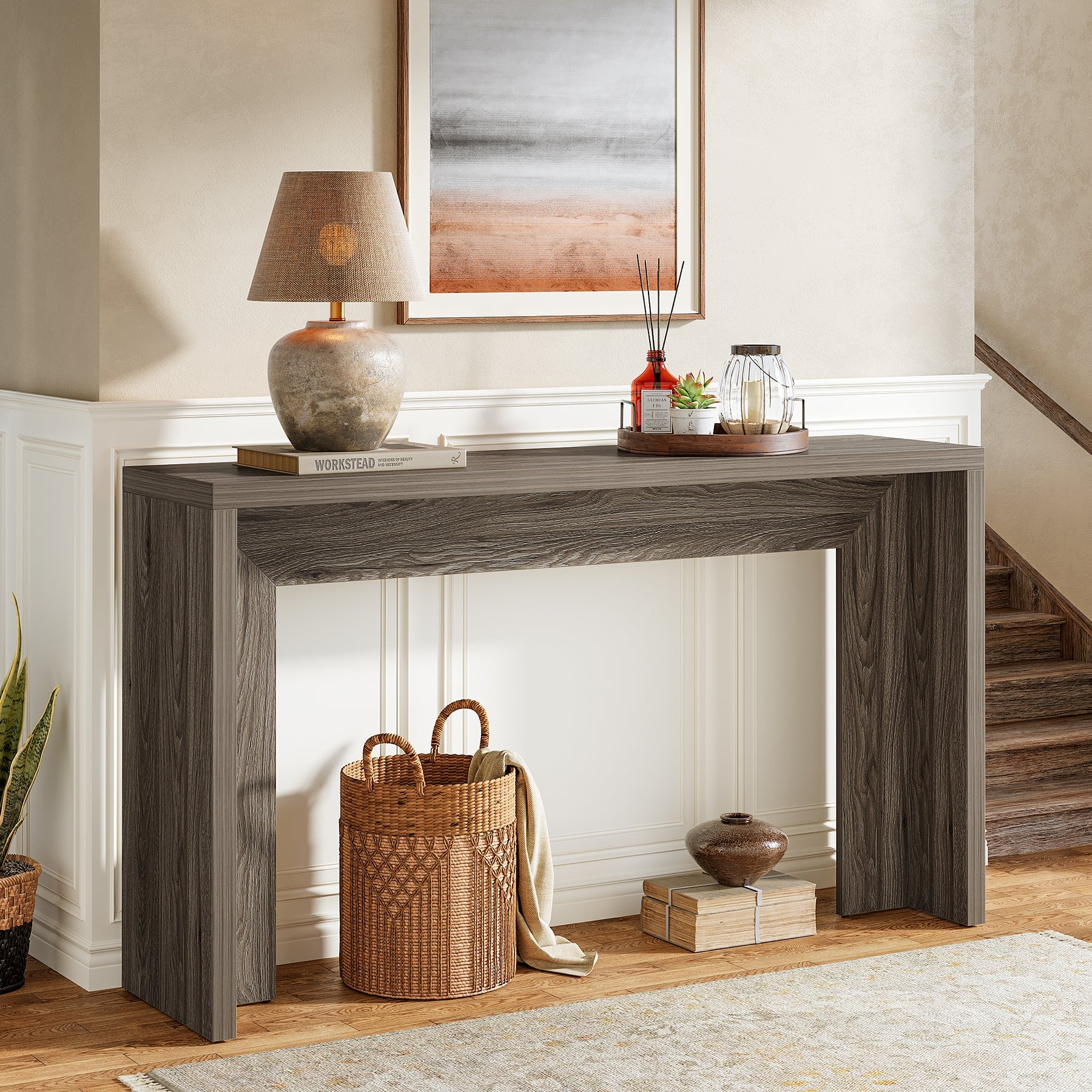 140cm Farmhouse Console Table with Storage, Narrow Wooden Entryway Sofa Table for Hallway, Foyer, or Living Room