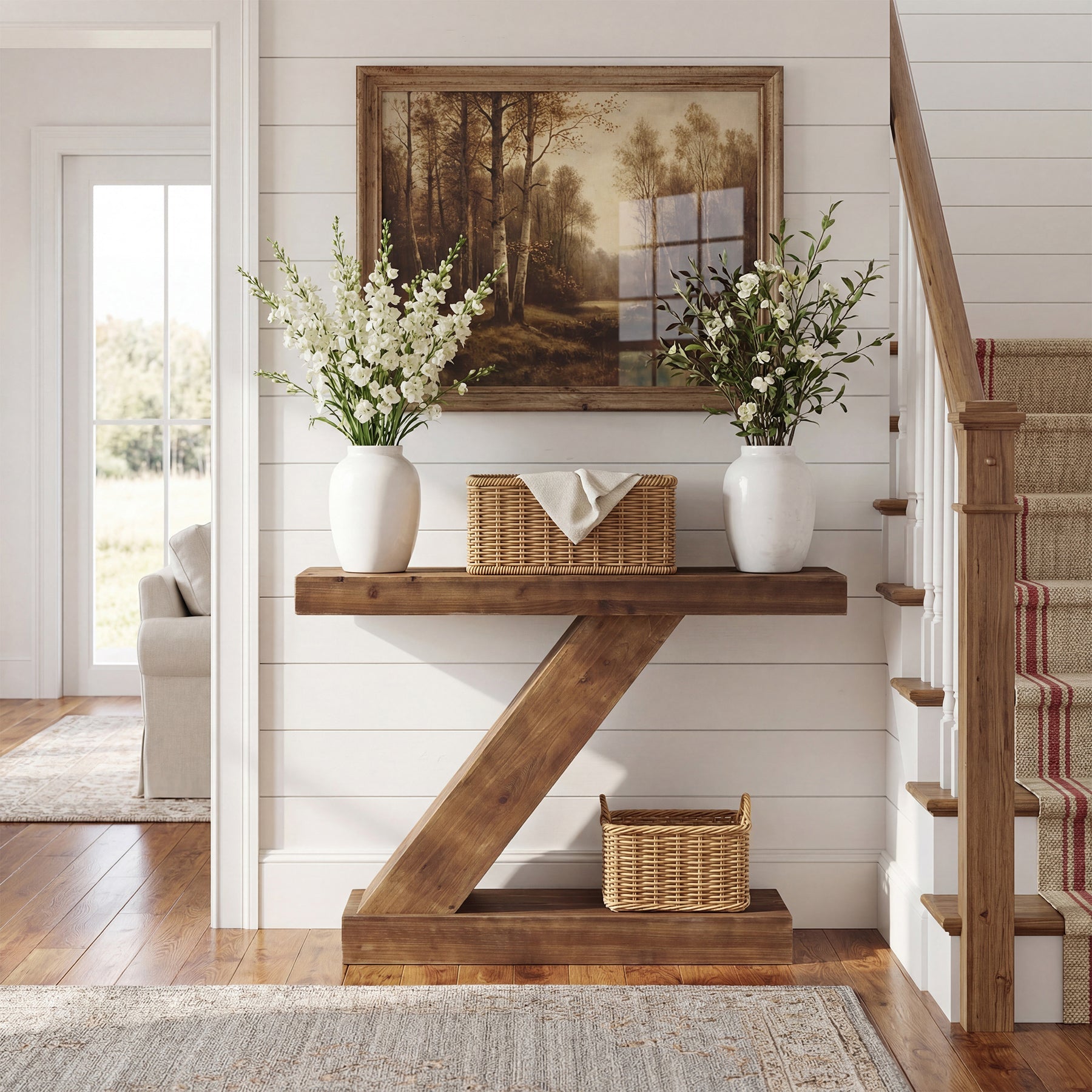 105cm Solid Wood Z-Shape Console Table, Modern Narrow Entryway Sofa Table for Living Room or Hallway