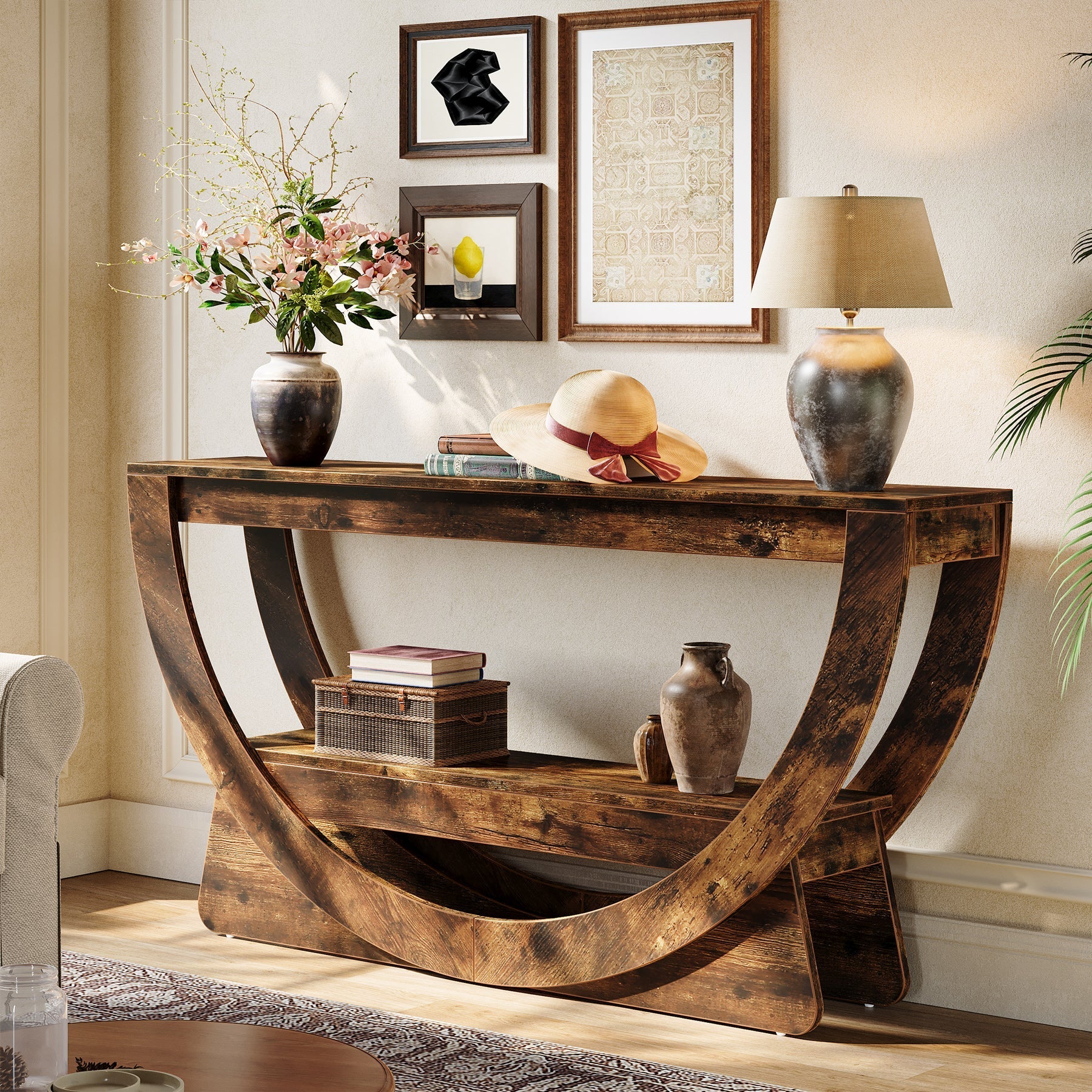 63" Farmhouse Console Table with 2 Shelves, Narrow Sofa Table in Dark Brown