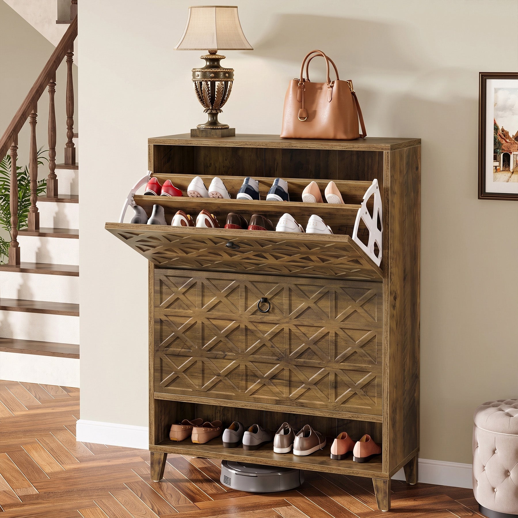 Wood Shoe Cabinet, Shoe Storage Organizer with 2 Flip Drawers