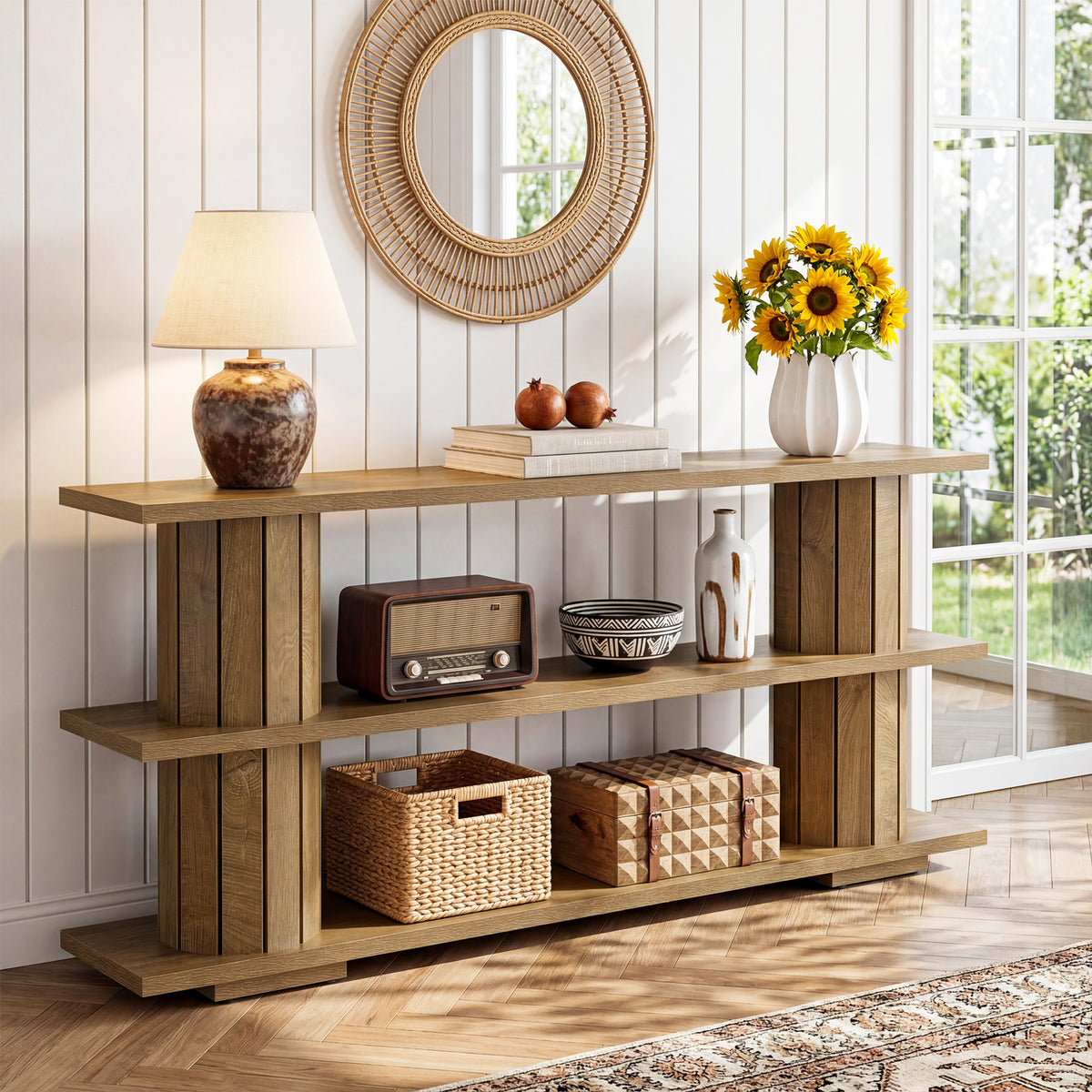 160cm Console Table, 3-Tier Storage Narrow Hallway Table for Living Room Entryway