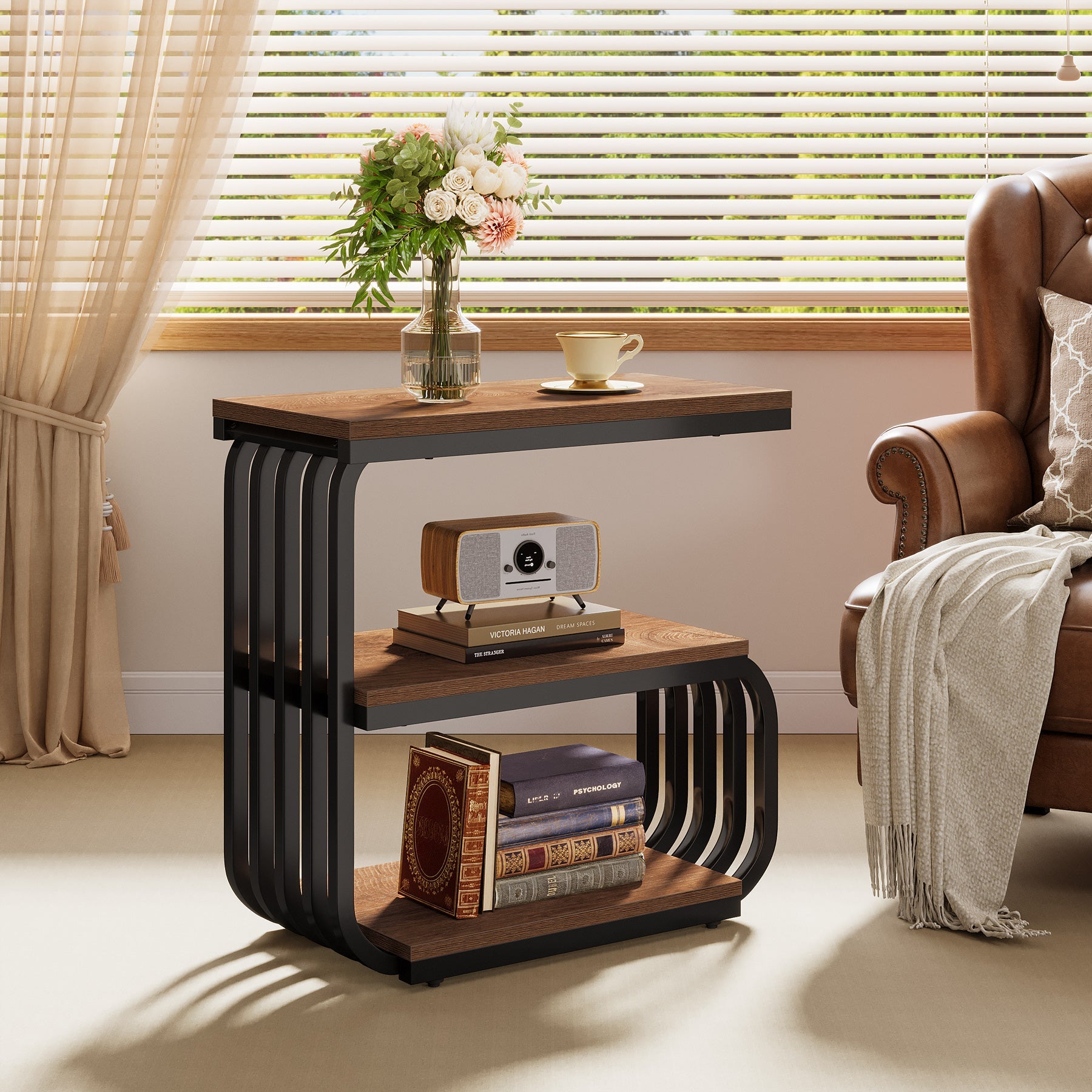 3-Tier Narrow End Table, C-Shaped Side Table for Living Room