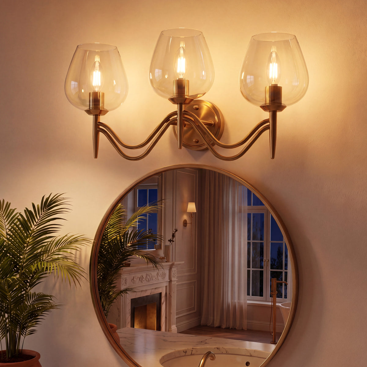 3-Light 22.8" Gold Bathroom Vanity Light, Clear Glass Wall Sconce