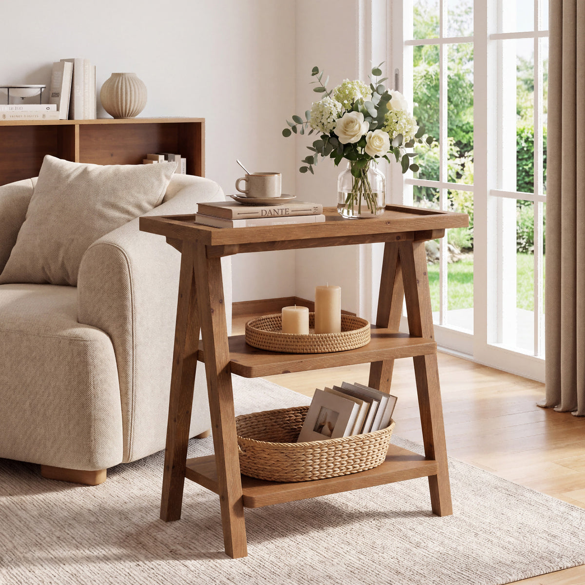 65cm Narrow Side Table, 3-Tier Solid Wood for Living Room