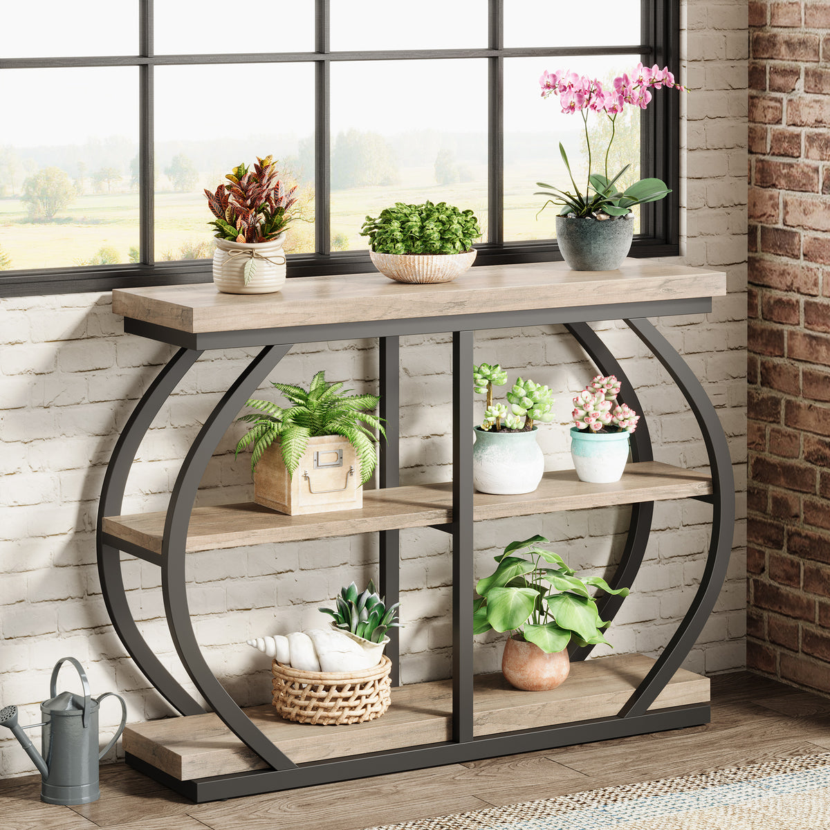 41.33" Industrial Console Table - Rustic Brown 3-Tier Entryway Shelf w/Arched Metal Frame
