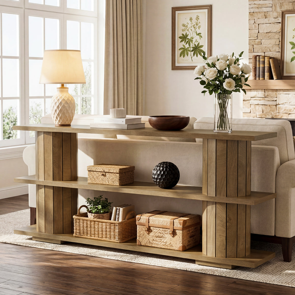 160cm Console Table, 3-Tier Storage Narrow Hallway Table for Living Room Entryway
