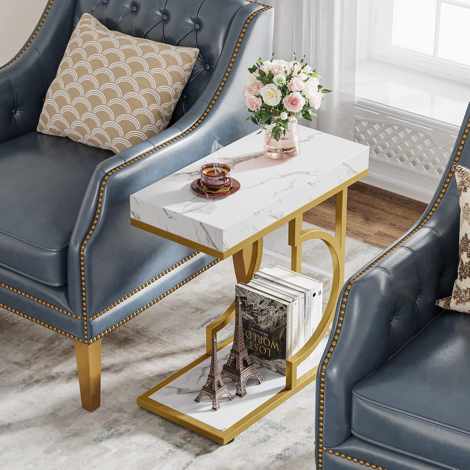 24" Modern C-Shaped Side Table, White & Gold Narrow End Table with Metal Frame