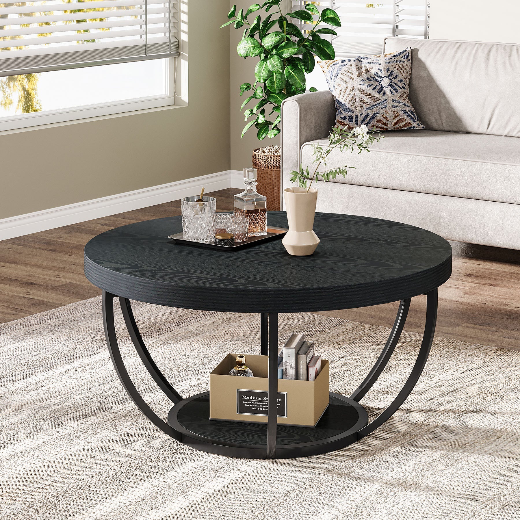 31.69" Round Wooden Coffee Table, 2-Tier Central Cocktail Table with Shelves