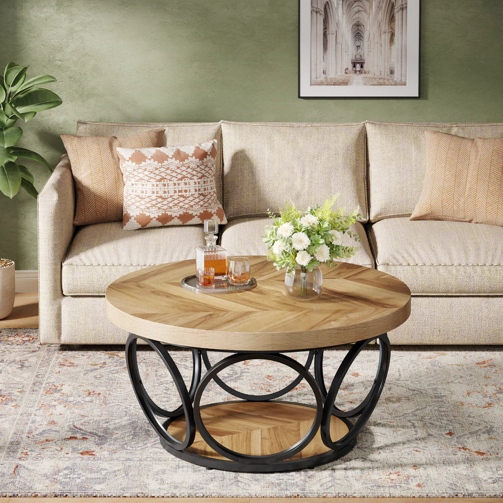 Farmhouse Coffee Table, Round Center Table with 2 Storage Shelves