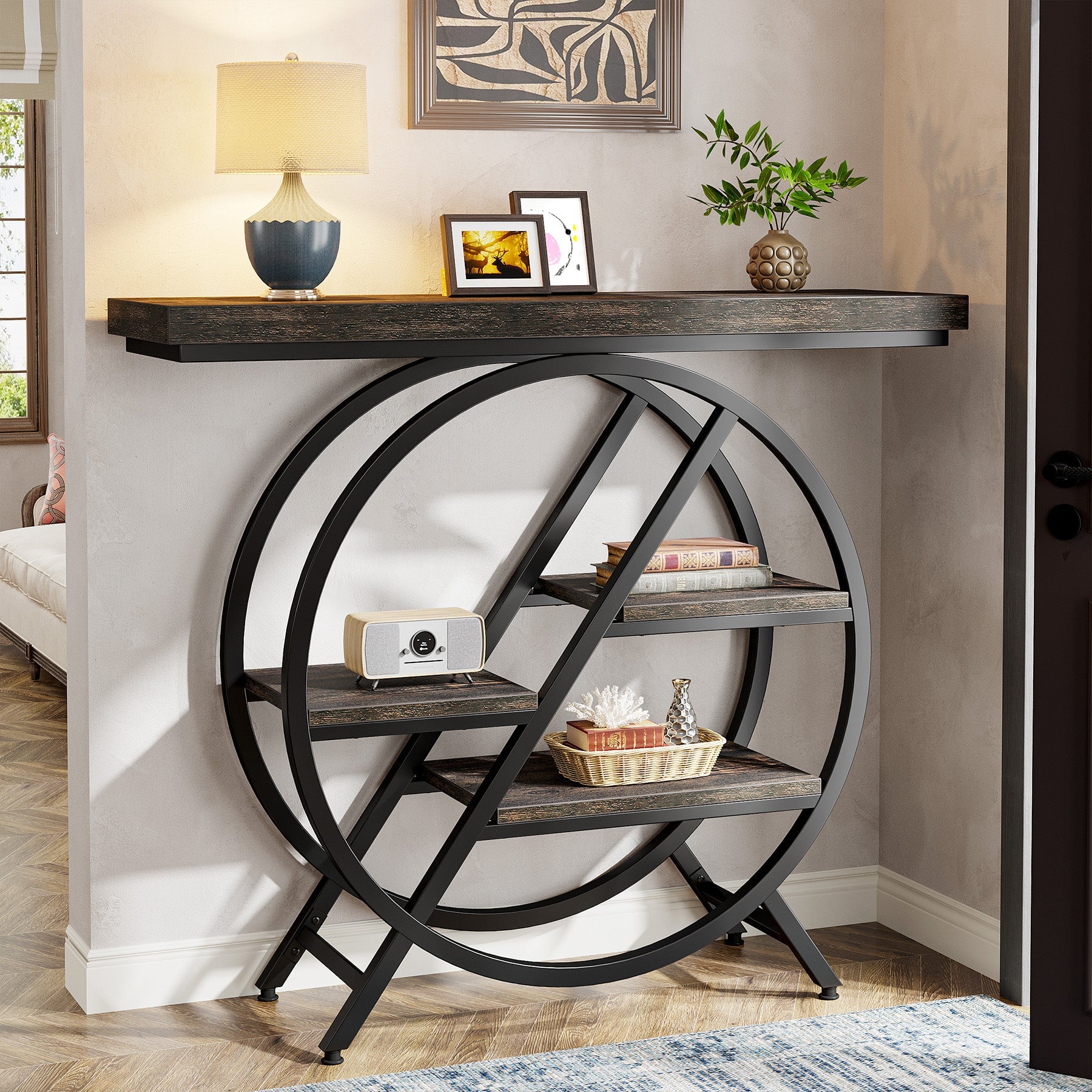 39.4" 4-Tier Console Table, Entryway Table with Geometric Metal Frame