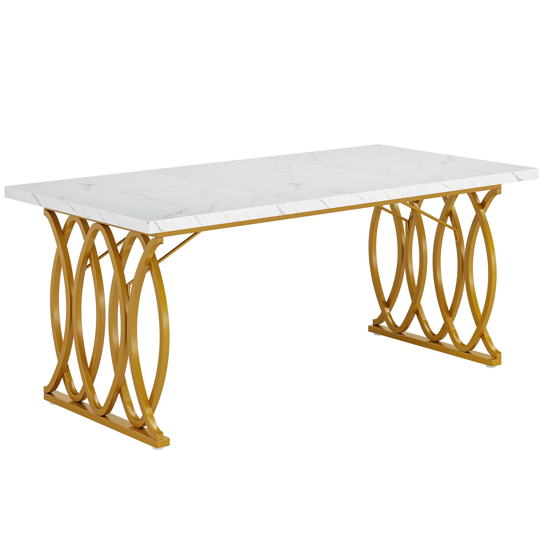 63" Modern Dining Table, White Marble Top with Gold Geometric Legs