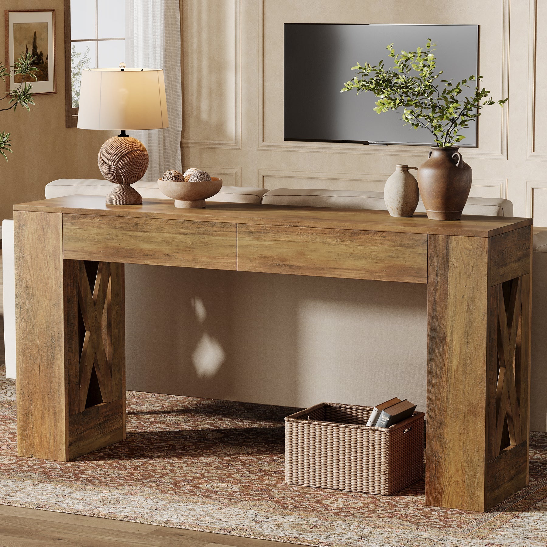 63" Farmhouse Console Table, X-Leg Sofa Table with 2 Drawers