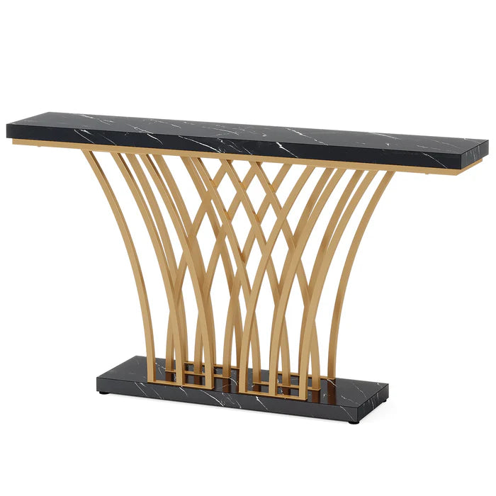 59" Gold Console Table, Modern Entryway Table with Grid-Shaped Metal Base for Entrance