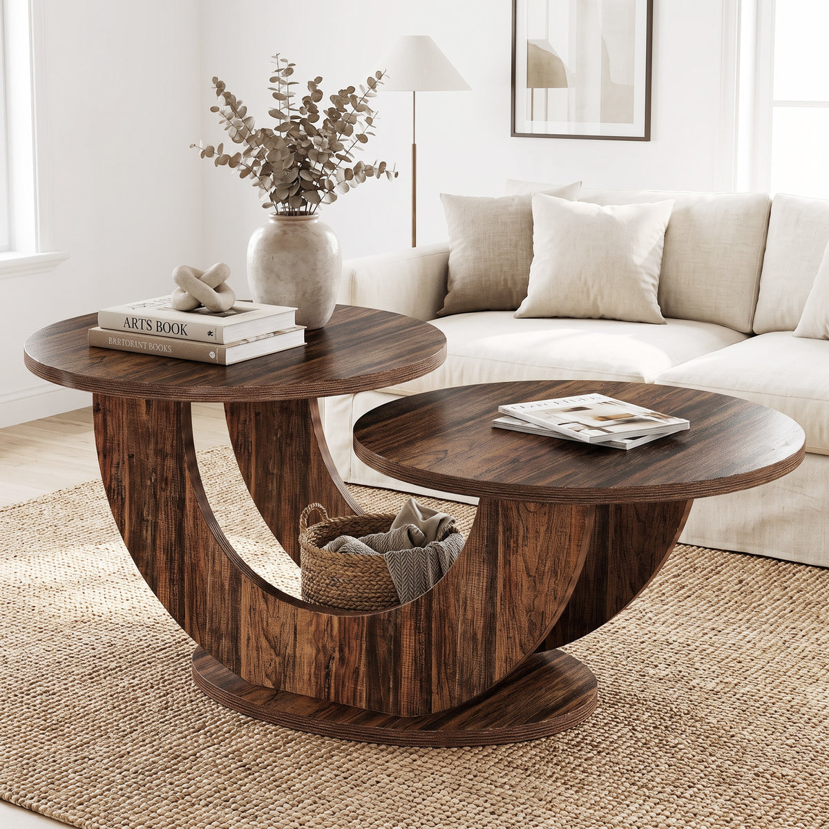 45" Modern Coffee Table, 2-Tier Accent Center Cocktail Table with U-Shaped Frame