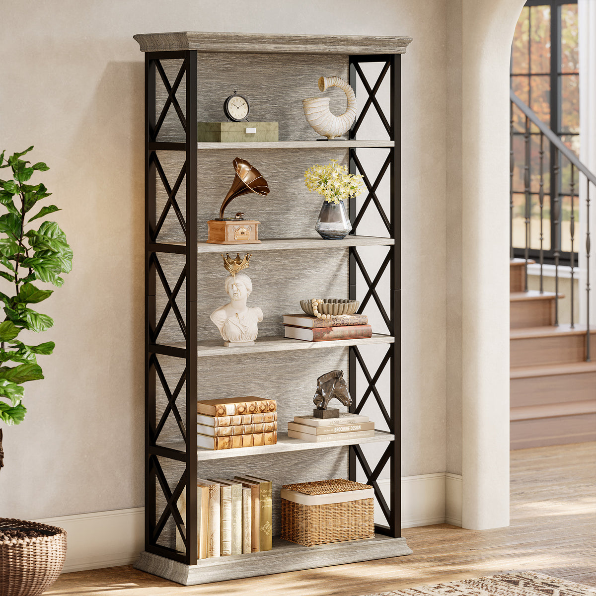 71" Industrial 6-Tier Bookcase - 5-Shelf Floor Standing Storage Unit in Brown & Black